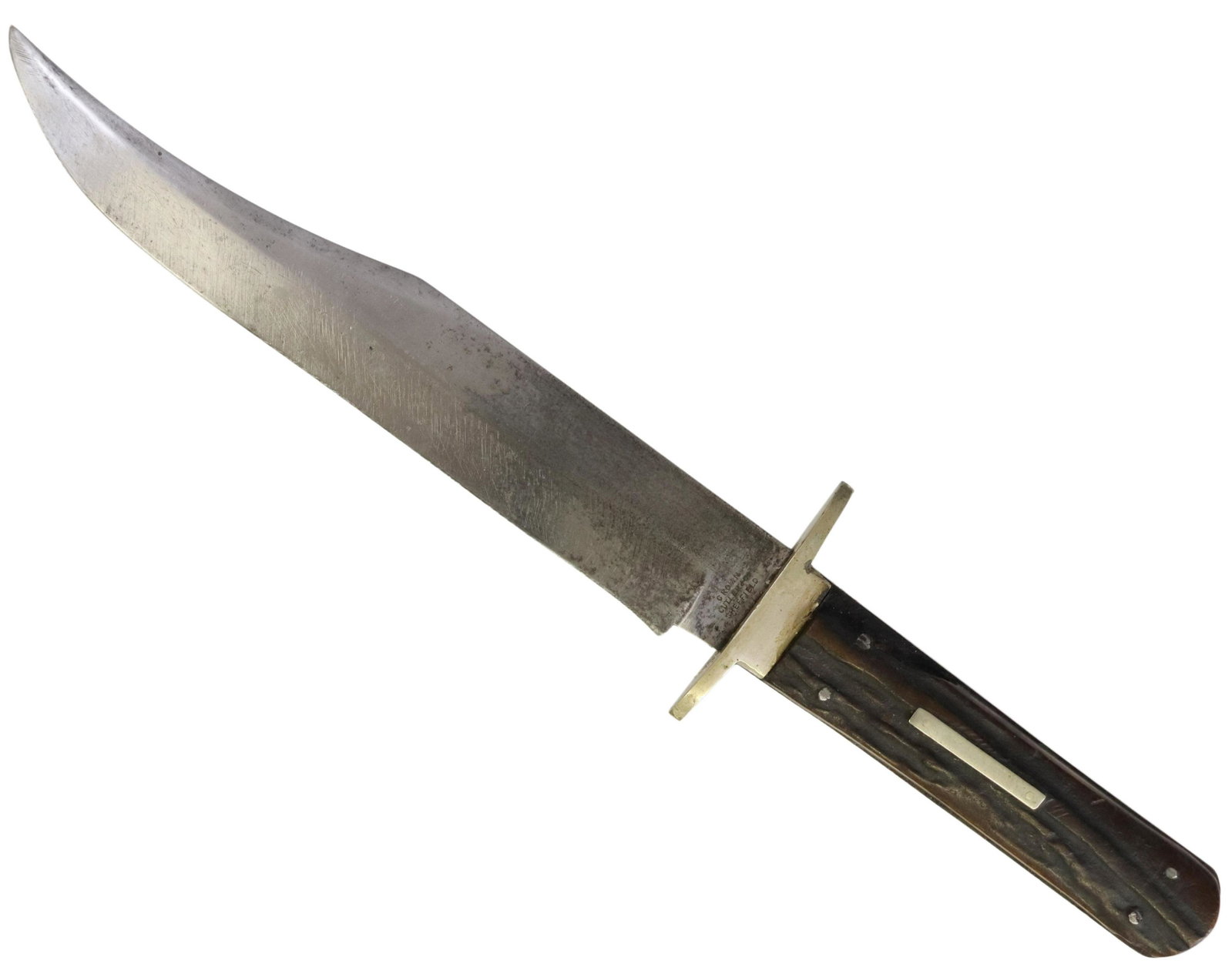 BOWIE KNIFE, CROWN CUTLERY CO., SHEFFIELD: Bowie knife, the 7.25" clip point blade marked at the ricasso Crown Cutlery Co., Sheffield, German silver guard, four pin stag handle with inset plate at one side, knife overall approx. 12.5/8"l, .40l