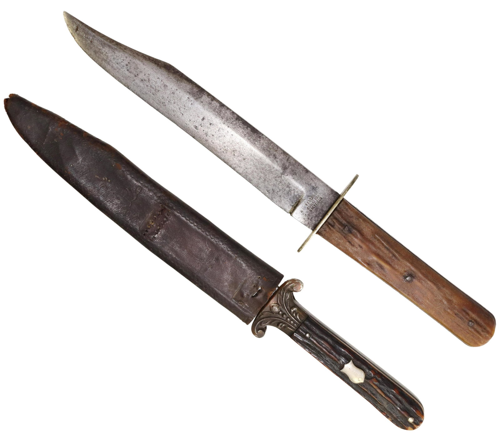 (2) SHEFFIELD KNIVES, FULTON BOWIE & WOSTENHOLM: (lot of 2) Fixed blade knives: (1) spear point 7" blade marked below the spine "G. Wostenholm & Son, Washington Works, Sheffield, marked at the ricasso "IXL", the blade with several knicks and abrasio
