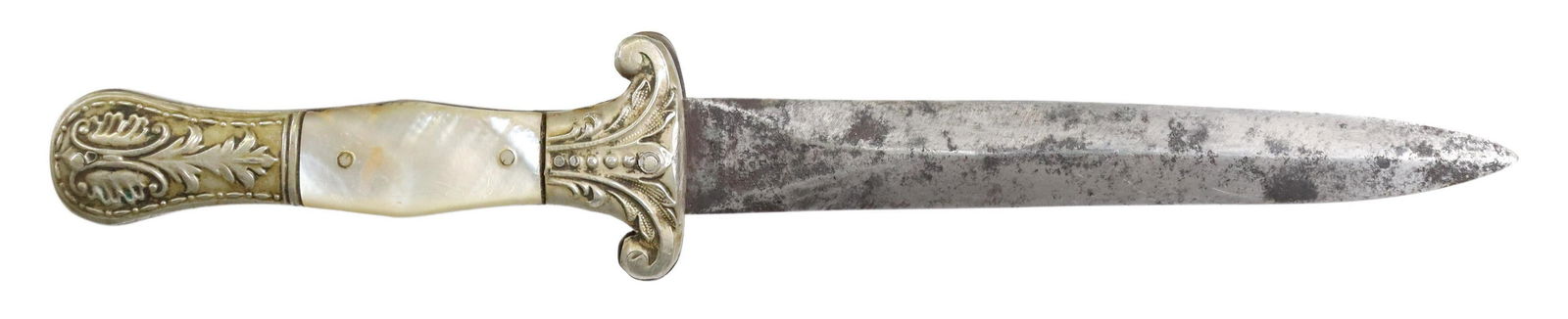 IXL GEORGE WOSTENHOLM CELEBRATED CUTLERY KNIFE: Fixe blad knife, the 6.1/8" dagger form blade marked at the both sides of the pitted ricasso "IXL George Wostenholm Celebrated Cutlery", scrolled silver tone guard and pommel with mother of pearl scal