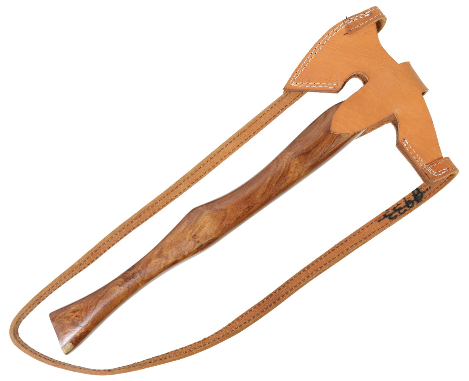 CUSTOM DAMASCENED AXE, SHAPED HANDLE LEAHER COVER: Modern custom made war axe 20th/21st c, the damascened axe blade pointed at one end, serrated at the top and held to the handle by three steel pins, the shaped handle in a figured smooth wood, axe hea