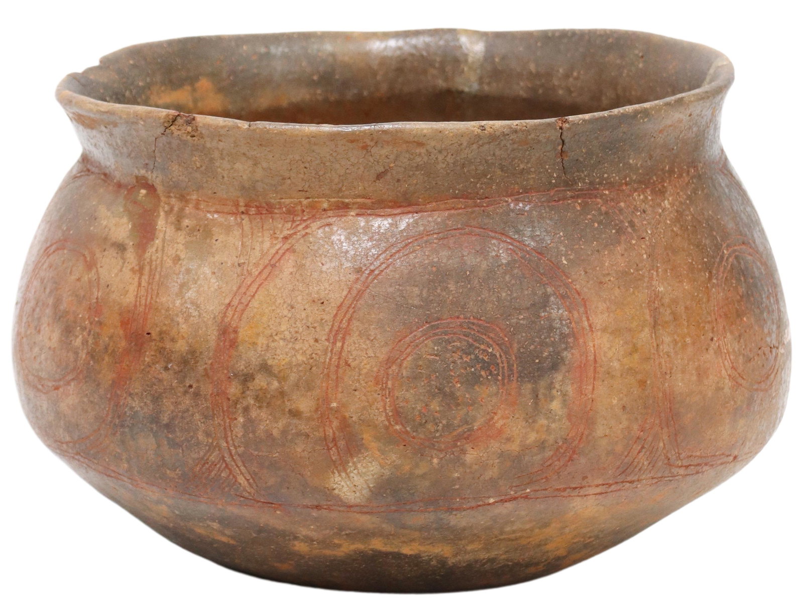 CADDO CULTURE ENGRAVED BOWL, SAM JOHNSON COA: Caddo Culture pottery bowl, East Texas, 800-1200 A.D., 2nd Phase, Poyner engraved, decorated with incised red circles, several chips to rim, restorations, approx 5.25"h, 7.75"diam, 2.10lbs **Accompani