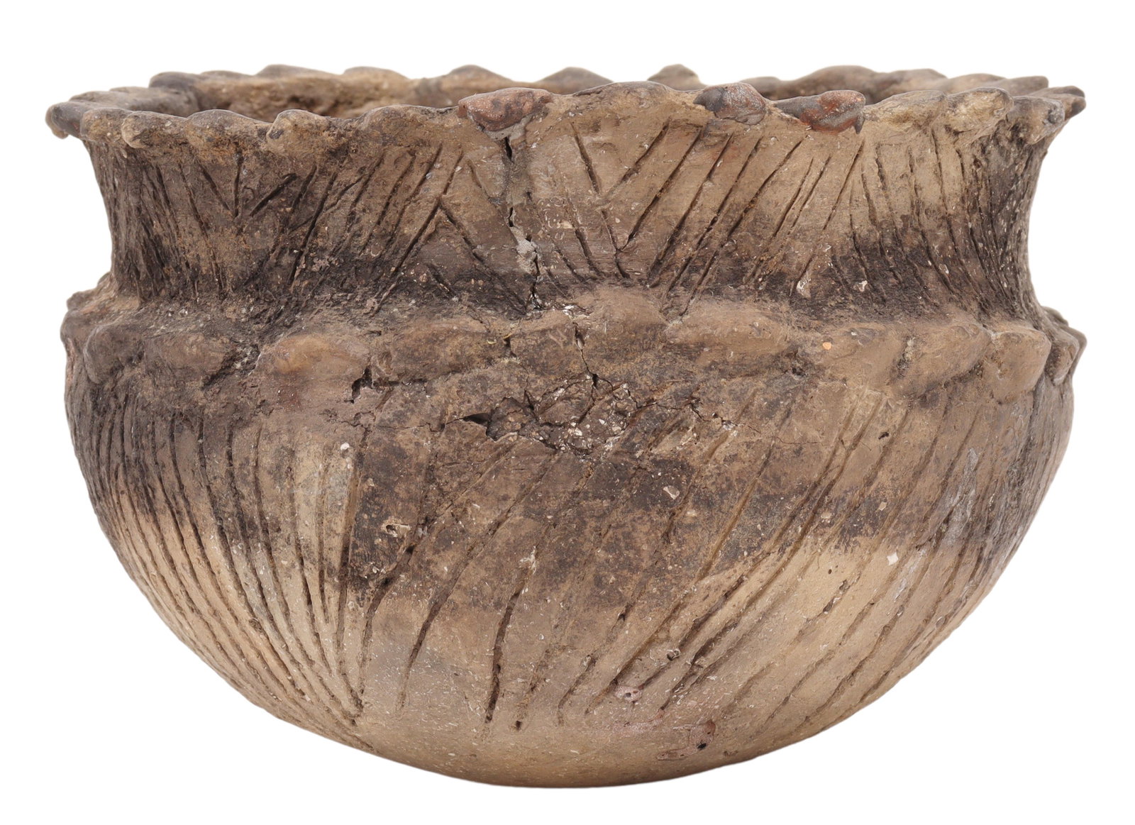 MISSISSIPPIAN INCISED POTTERY BOWL SAM JOHNSON COA: Mississippian incised pottery bowl with scalloped rim, 800-1200 A.D., Bailey Co., Arkansas, some restoration, approx 4"h, 6"diam, 0.75lbs **Accompanied by a Sam Johnson, Caddo Trading Company, certifi
