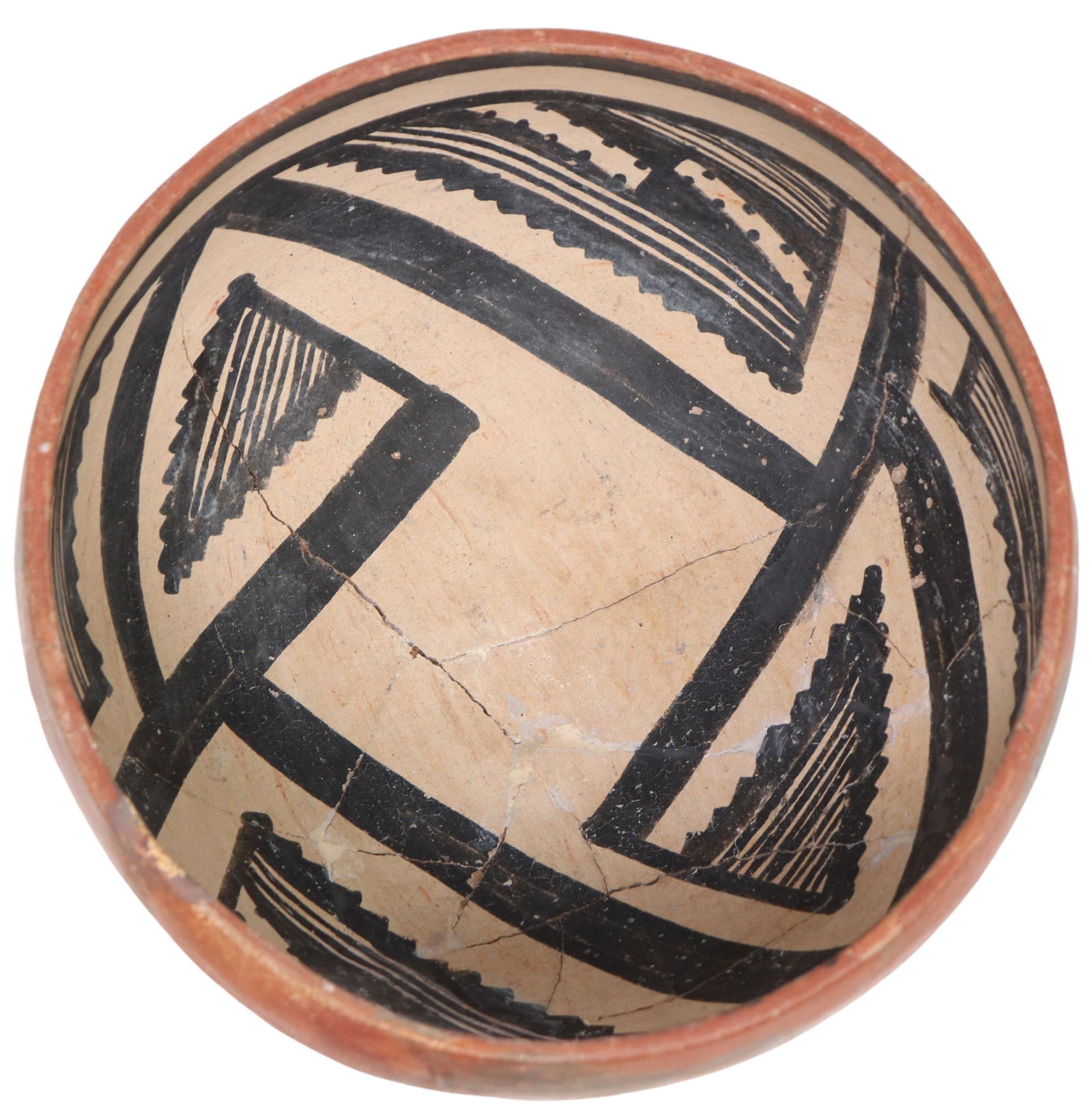ANASAZI POLYCHROME POTTERY BOWL, SAM JOHNSON COA: Anasazi Gila polychrome redware pottery bowl, 1200-1400 A.D., Arizona, ex Wells collection, substantial restoration, approx 4.25"h, 7.5"diam, 1.25lbs **Accompanied by a Sam Johnson, Caddo Trading Comp