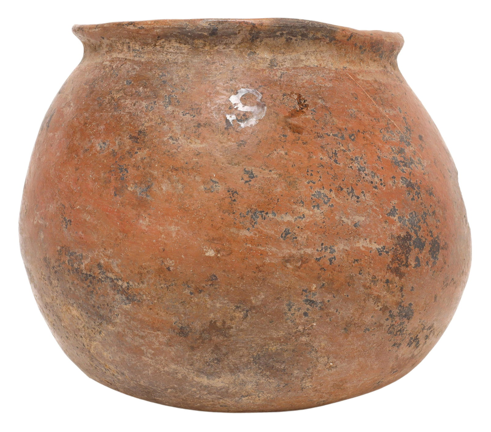 ANASAZI PLAINWARE POTTERY JAR, SAM JOHNSON COA: Anasazi plainware red pottery jar, 700-1400 A.D., abrasion and small hole at one side, number "92" painted at one side, approx 6.5"h, 7.25"diam, 3lbs **Accompanied by a Sam Johnson, Caddo Trading Comp