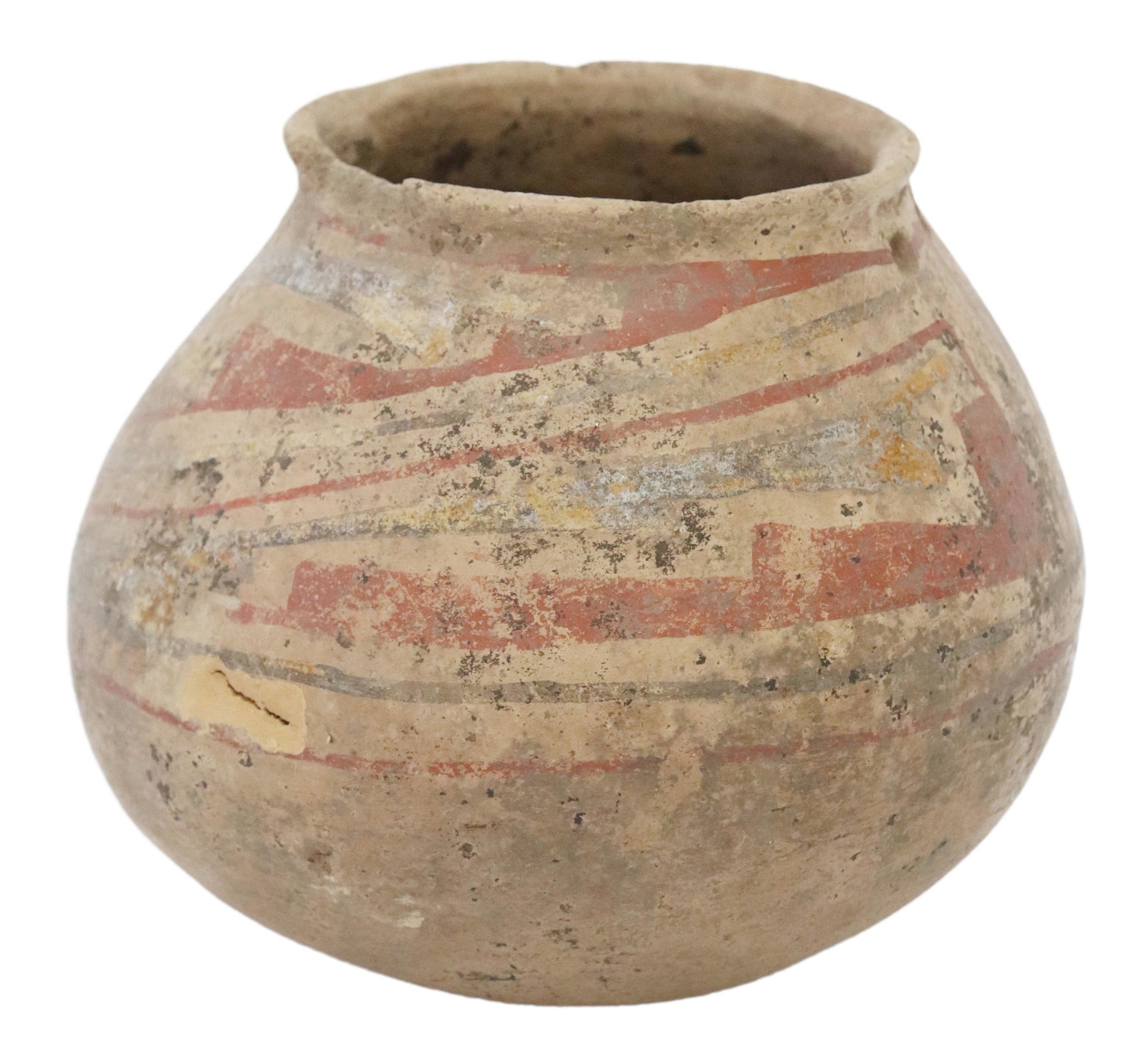 ANASAZI CASA GRANDE STYLE JAR, SAM JOHNSON COA: Anasazi Casa Grande style painted jar, 1200-1400 A.D., Southern Arizona, carry holes below rim, chip at one side, approx 4 7/8"h, 5.75"diam, 1lbs **Accompanied by a Sam Johnson, Caddo Trading Company,
