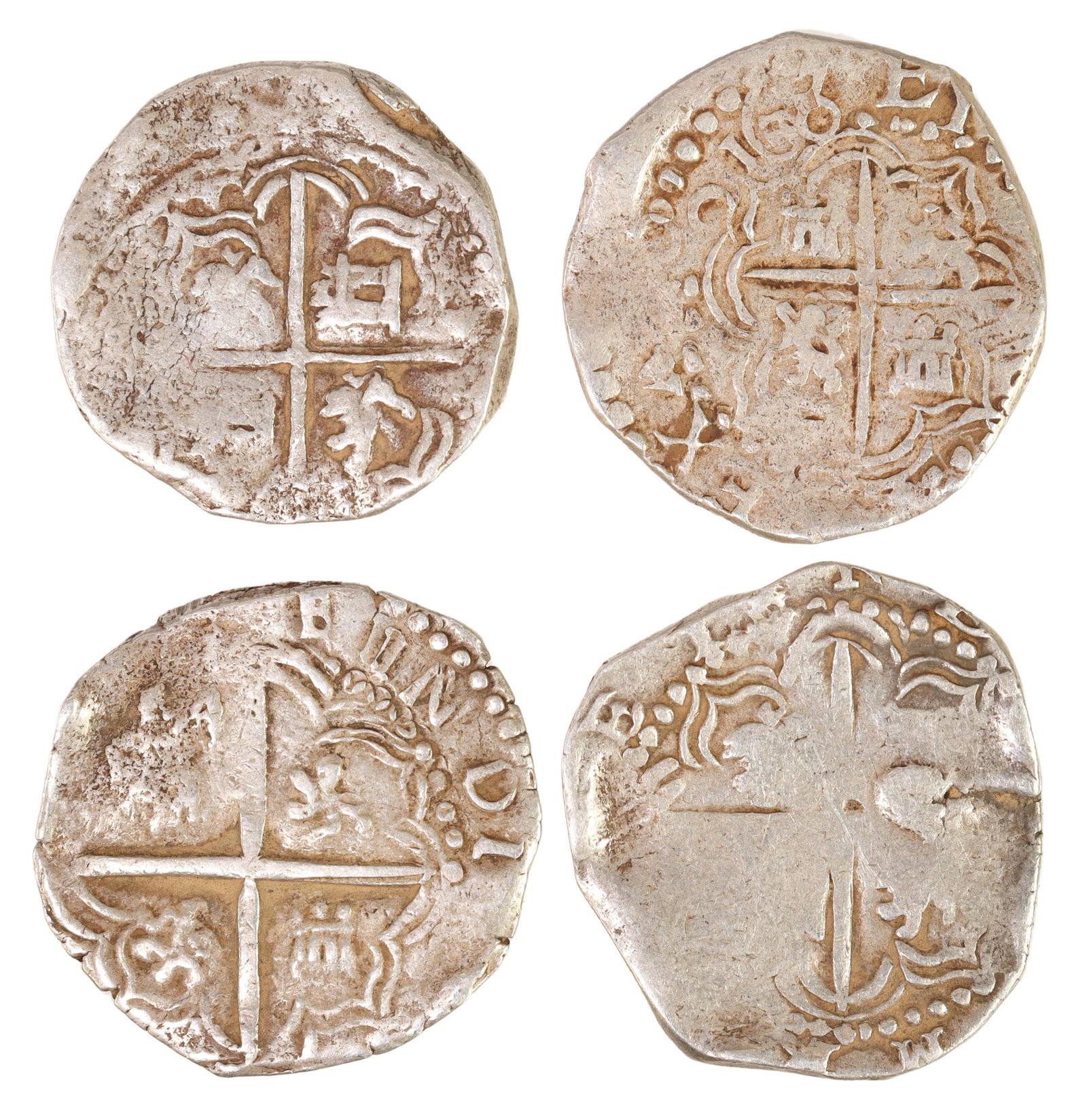 (4) NEW WORLD SPANISH SILVER COB COINS: (lot of 4) Spanish shield type cob coins, all worn making date, assayer and producing mint illegible, two at 6.9 grams, two at 6.8 grams, total approx. 27.4 grams Start Price: $300.00