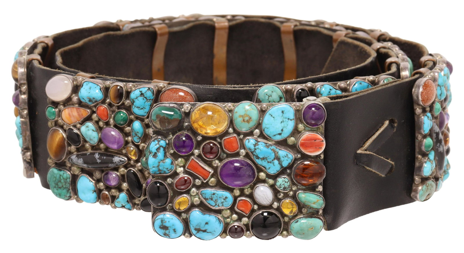 EXTRAORDINARY LEE BENNETT NAVAJO GEMSTONE BELT: Native American gemstone belt, the sterling marked buckle face covered with gemstones including turquoise, coral, amethyst, spiny oyster and more, the buckle back initialed L. Bennett (Lee Bennett, Na