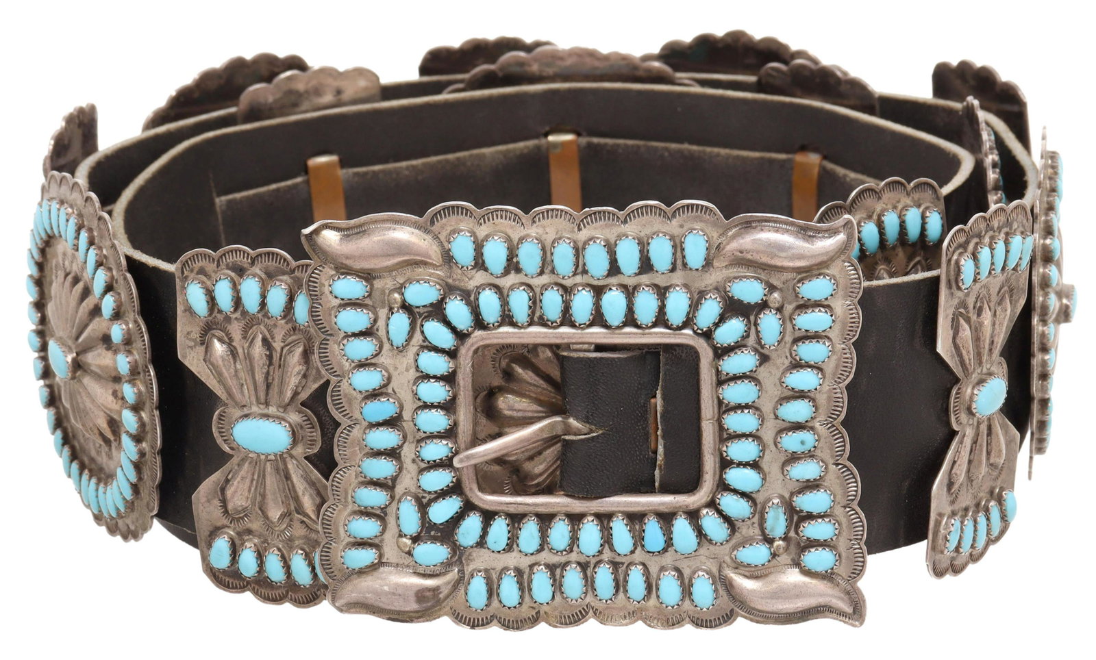 LARRY MOSES BEGAY SILVER & TURQUOISE CONCHO BELT: Native American concho belt, the sterling marked buckle with turquoise initialed "LMB" (Larry Moses Begay, Navajo, 20th/21st c.), having fifteen alternating oval and butterfly conchos (contents unknow