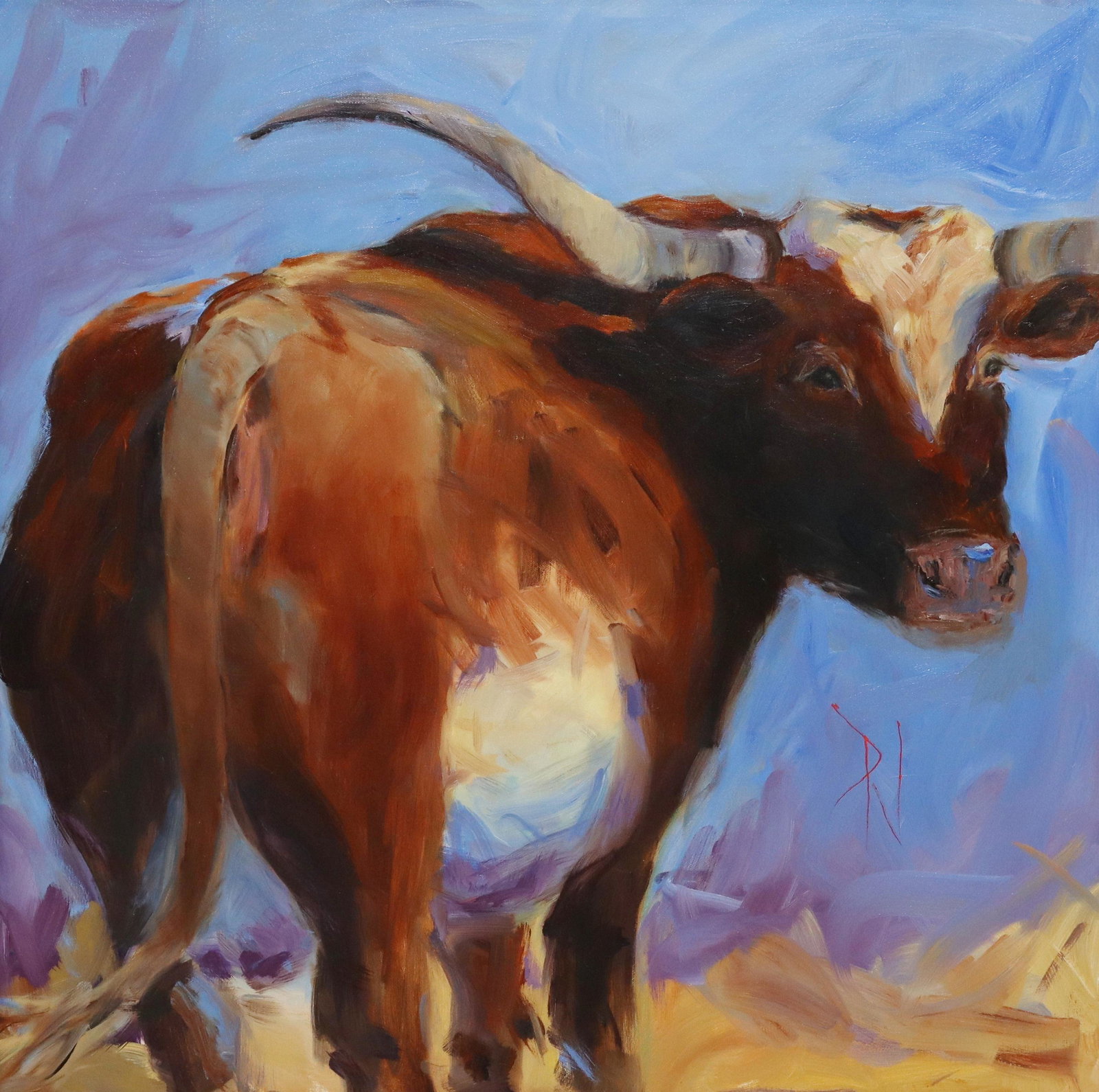 PAULA JONES (KS) 'NOT MY BEST SIDE' LONGHORN O/C: Framed oil on canvas painting, "Not My Best Side," signed lower right PJ (Paula Jones, Kansas, 20th/ 21st c.), titled and signed again verso, sight: approx 29.5"h, 29.25"w, overall: approx 37.25"h, 37