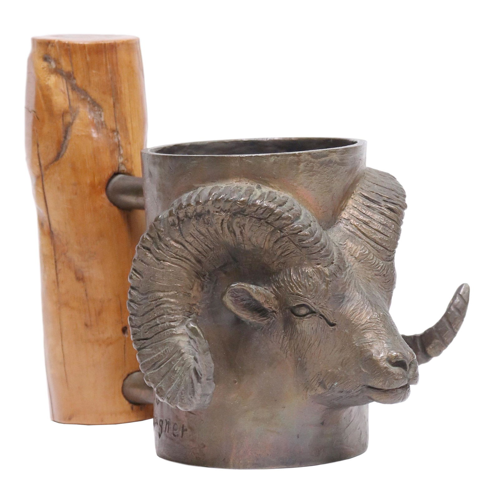 CARL WAGNER (D.2011) PATINATED BRONZE DALL RAM MUG: Patinated bronze cup, "Dall Ram," signed in cast C. Wagner (Carl Wagner, Florida/ New Jersey, 1938-2011), numbered 365/ 1000, dated [19]78, titled at side, with naturalistic wood handle, approx 5.75"h