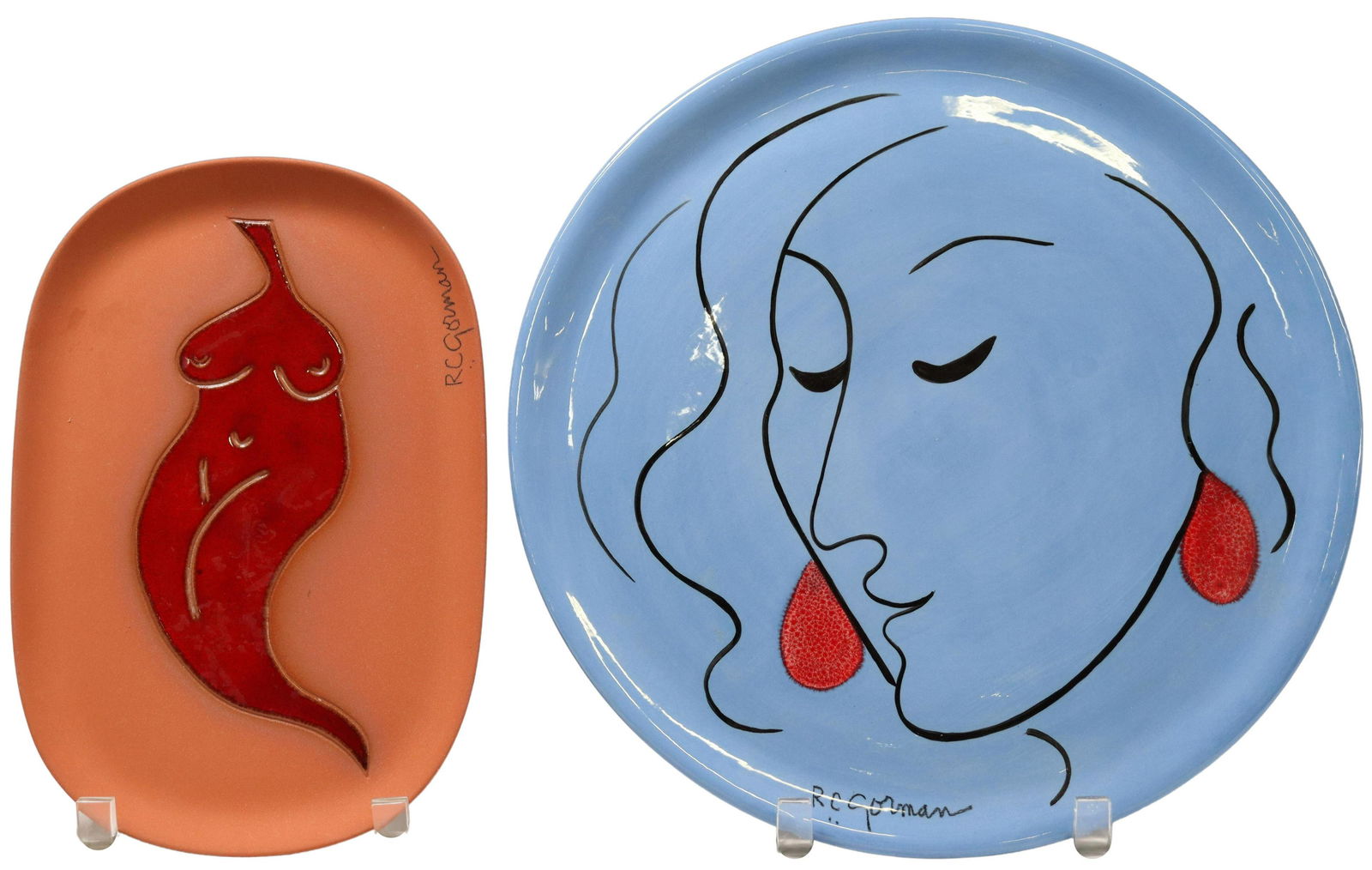 (2) R.C. GORMAN LIMITED-EDITION POTTERY PLATES: (lot of 2) Limited-edition ceramic plates, R.C. Gorman (Rudolph Carl Gorman, New Mexico, Arizona, 1932-2005), including: (1) "Chile Roja," c.1995, presentation proof, approx 10.25"l, 7"w, (1) "Taos Sp