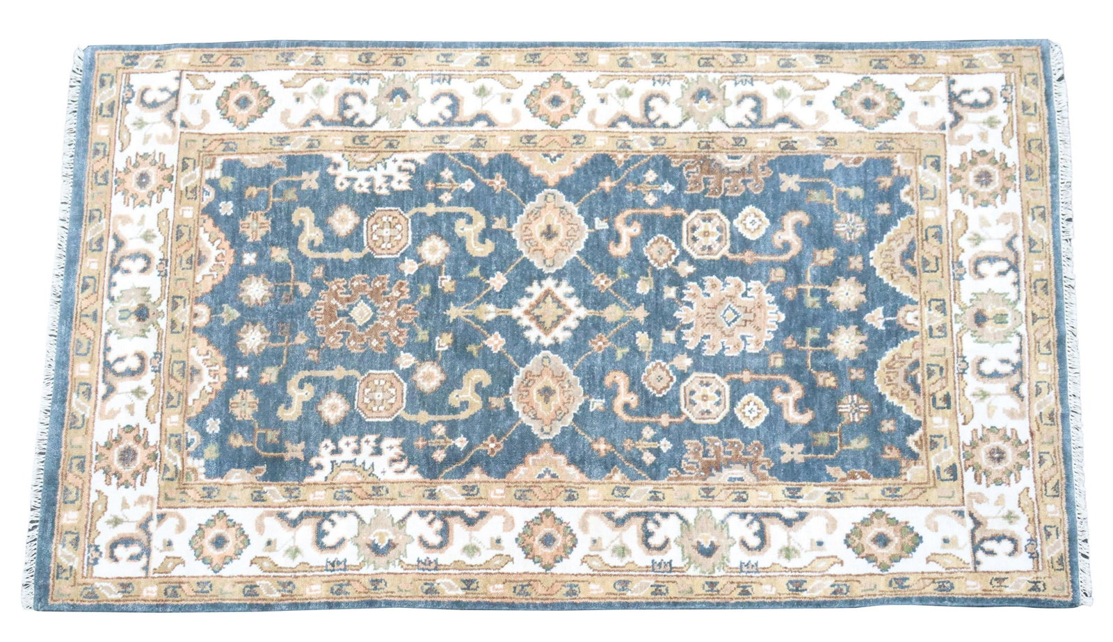 HAND-TIED INDO-OUSHAK RUG, 8'1" X 4'11.5": Hand-tied Indo-Oushak rug, approx 8'1"l, 4'11.5"w Start Price: $150.00