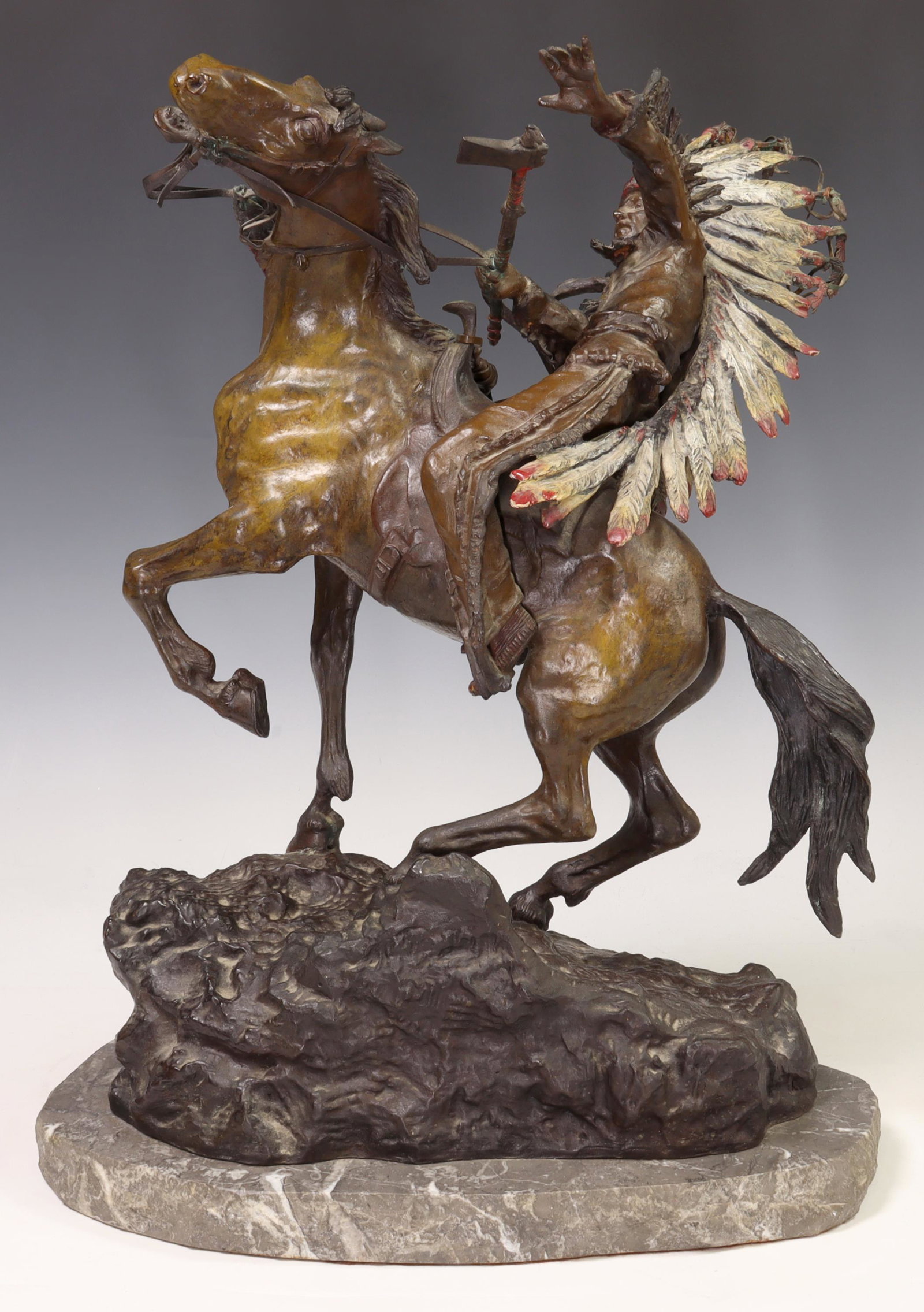 AFTER CARL KAUBA INDIAN CHIEF BRONZE SCULPTURE: Cold painted bronze sculpture, Indian Chief on Horseback, signed in cast after C. Kauba (Carl Kauba, Austria, United States, 1865-1922), sculpture: approx 18"h, 13.75"w, 11"d, base: approx 1.25"h, 15.
