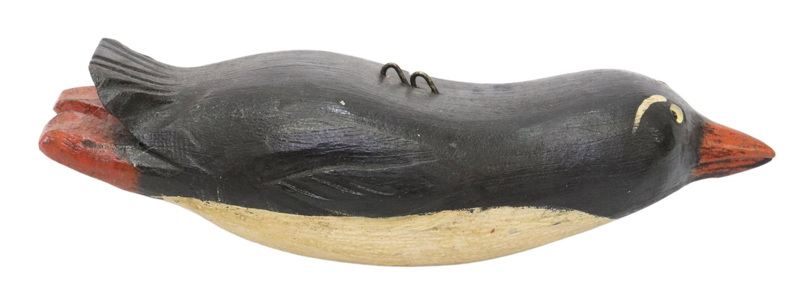 DULUTH DFD BIRD DECOY, DAVID PERKINS,11"w: Duluth Kingfisher Decoy signed at the underside "DFD", on a lead weight, carved by David Earl Perkins (Duluth, Minnesota, 1934-2018), black with white stripes over eyes, red beak and tucked in red leg