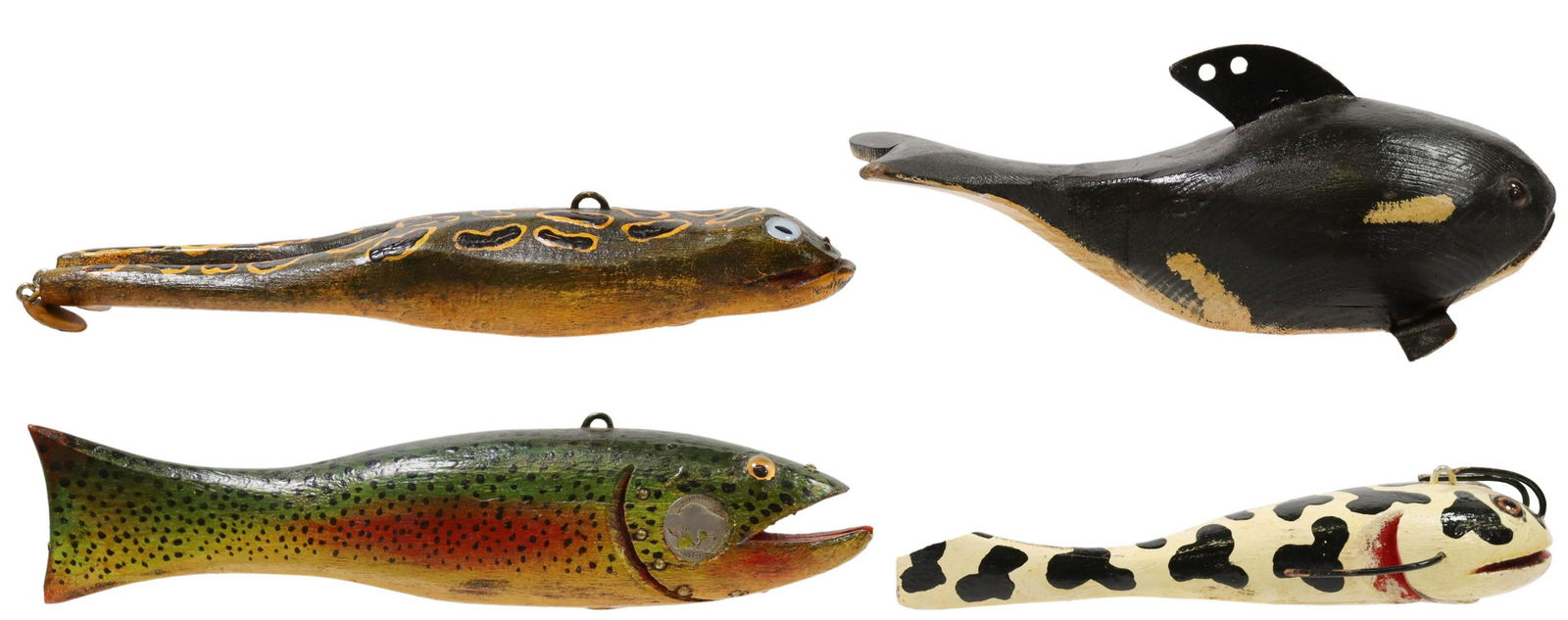 (4) DULUTH DFD FISH DECOYS, TROUT, ORCA, FROG: (lot of 4) Duluth Fish Decoys carved by David Earl Perkins (Duluth, Minnesota, 1934-2018), each with DFD marked lead weights at the undersides: (1) trout with 1903 Indian Head penny at one side, buffa