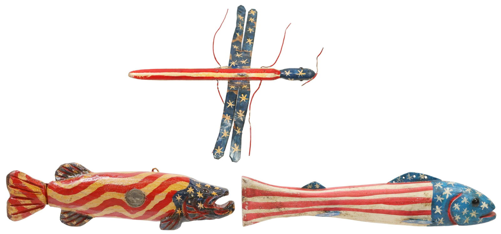 3 DULUTH DFD PATRIOTIC FISH DECOYS STARS & STRIPES: (lot of 3) Duluth Fish Decoys, Stars & Stripes, inspired by Operation Desert Storm, the United States response to the attacks of September 11, 2001, each marked at the underside "DFD" on a lead weight