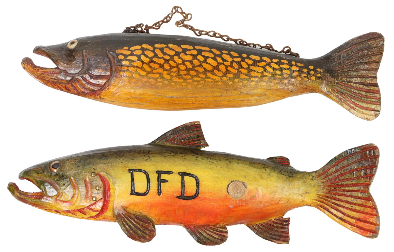 (2) DULUTH DFD CARVED FISH DECOY WALL HANGINGS: (lot of 2) Duluth Fish Decoy wall hangings or signs carved by David Earl Perkins (Duluth, Minnesota, 1934-2018): (1) DFD incised initials in black finish next to inset Indian Head 1902 penny; (1) with
