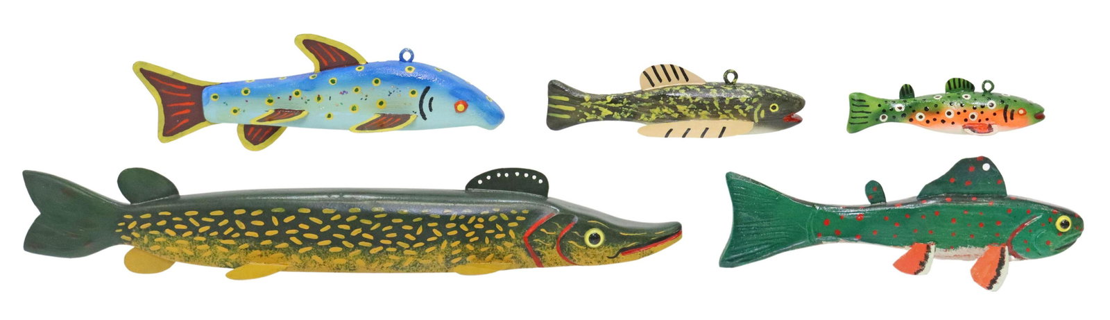 (5) FISH DECOYS ALL SIGNED, FORNER, NELSON, SEELEY: (lot of 3) Signed Fish Decoys: (3) Ray Forner Rockville, Minnesota, 1924-2014), each piece with multi-color finish and metal fins, all signed in ink, largest: 2.25"h, 7.75"w, 2.75"d; (1) pickerel, gre