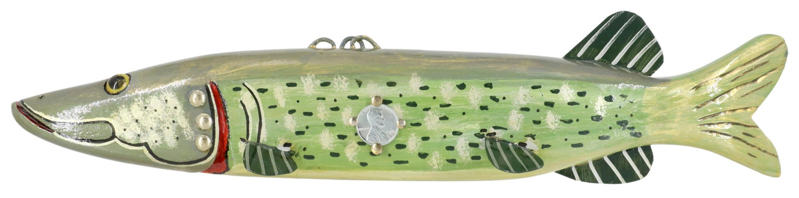 CARVED PICKEREL FISH DECOY, DENNY ECKERT, 14"W: Pickerel Pennyside Fish Decoy, hand carved by Denny Eckert (Sebeka, Minnesota), signed "Denny" at the underside, finished in several green tones with black accents, striped metal fins, red at mouth an