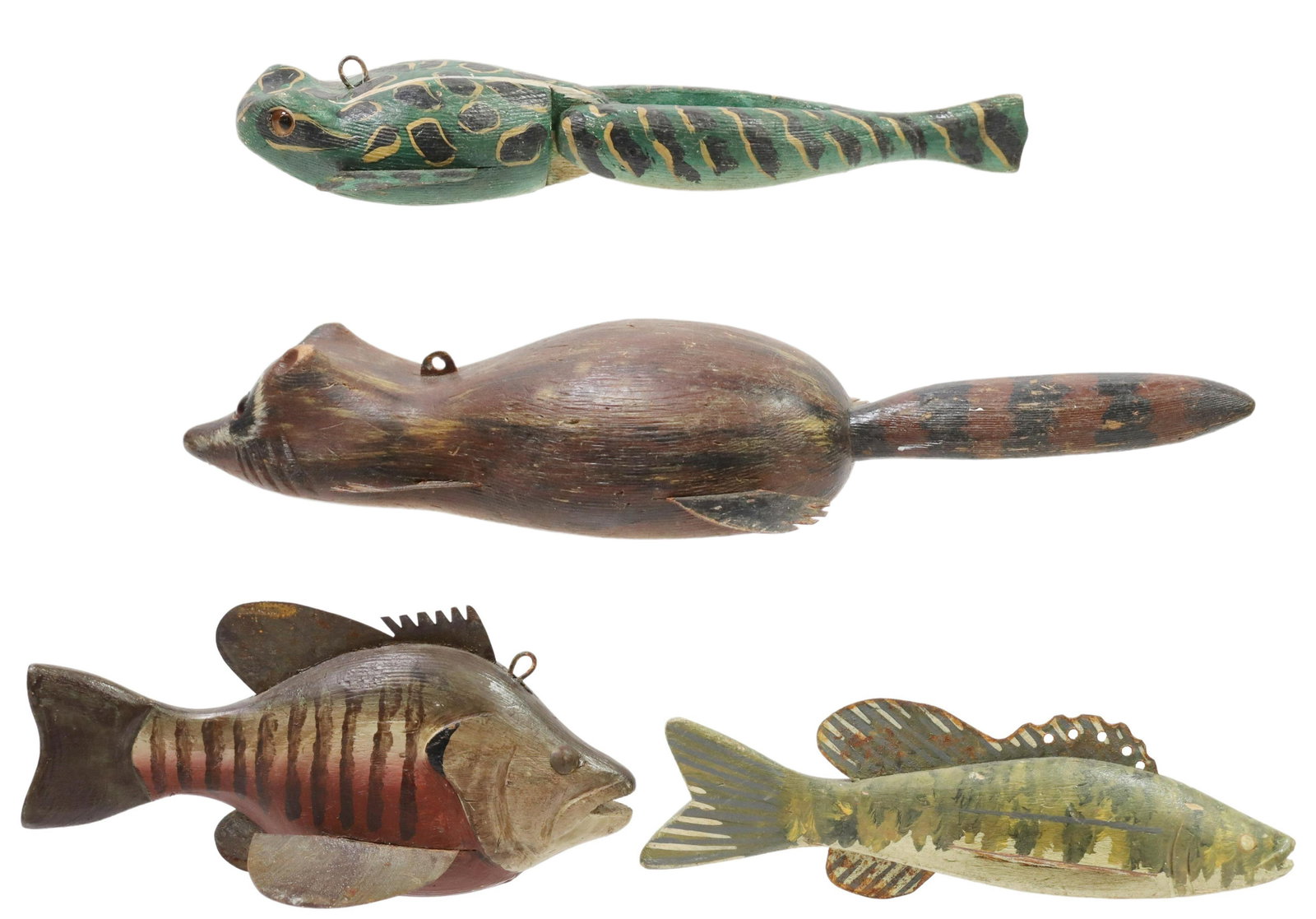 (4) HAND-CARVED FISH DECOYS: (lot of 4) Hand-carved fish decoys, most with lead weights: (1) sunfish decoy, metal fins, unsigned, approx. 4"h, 7.75"w, 3,5"d; (1) small mouth bass, green, fins white with green stripes and some rus
