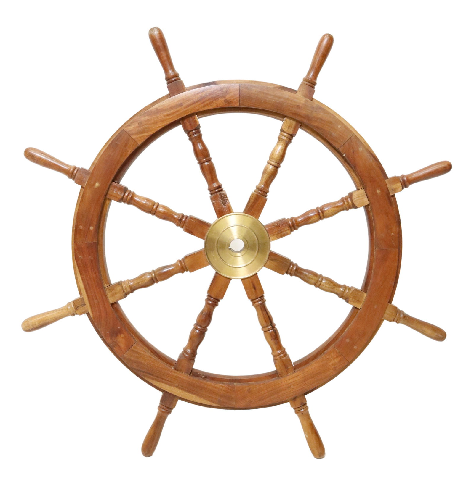 LARGE MAHOGANY & BRASS SPOKED SHIPS WHEEL, 42"DIAM: Large carved mahogany ships wheel, having eight turned spokes, centering a brass hub, with rounded hand holds, approx 42"diam Start Price: $150.00