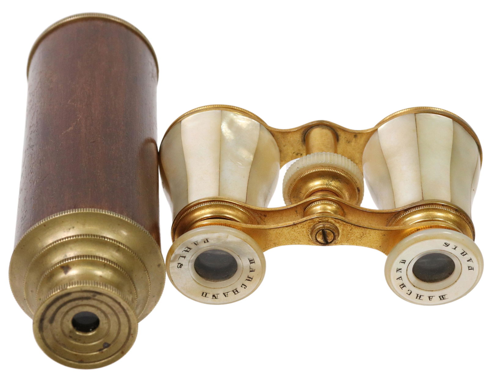 (2) NAUTICAL SPYGLASS & FRENCH MOP OPERA GLASSES: (lot of 2) Antique telescope and binocular group, including: (1) French mother of pearl opera glasses, Marchand Paris, in gilt-metal frame, approx 2.5"h, 4"w; (1) nautical mahogany and brass collapsib