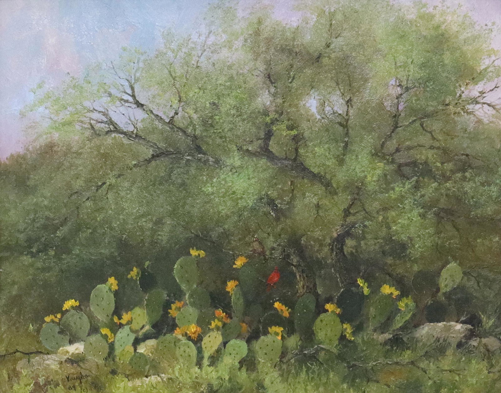 RON VAUGHAN (TX, 1937-2020) CACTUS LANDSCAPE: Framed oil on Masonite painting, Landscape with Blooming Cacti and Cardinals, signed lower left Vaughan (Ronald [Ron] Vaughan, Texas, 1937-2020), dated [19]89, sight: approx 7.5"h, 9.5"w, overall: 15.