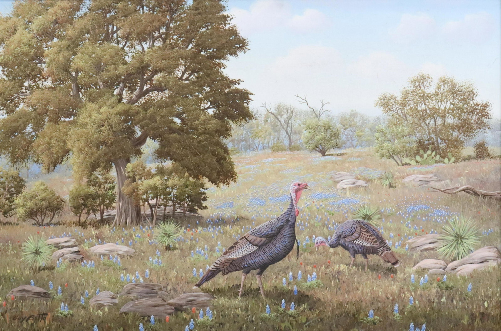 GUY BOTTO (TEXAS) OIL ON CANVAS TURKEYS PAINTING: Framed oil on canvas painting, Turkeys in a Field, signed lower left Guy Botto (Texas, 20th c.), sight: approx 23.5"h, 35"w, overall: approx 34"h, 45"w, 21lbs Start Price: $150.00