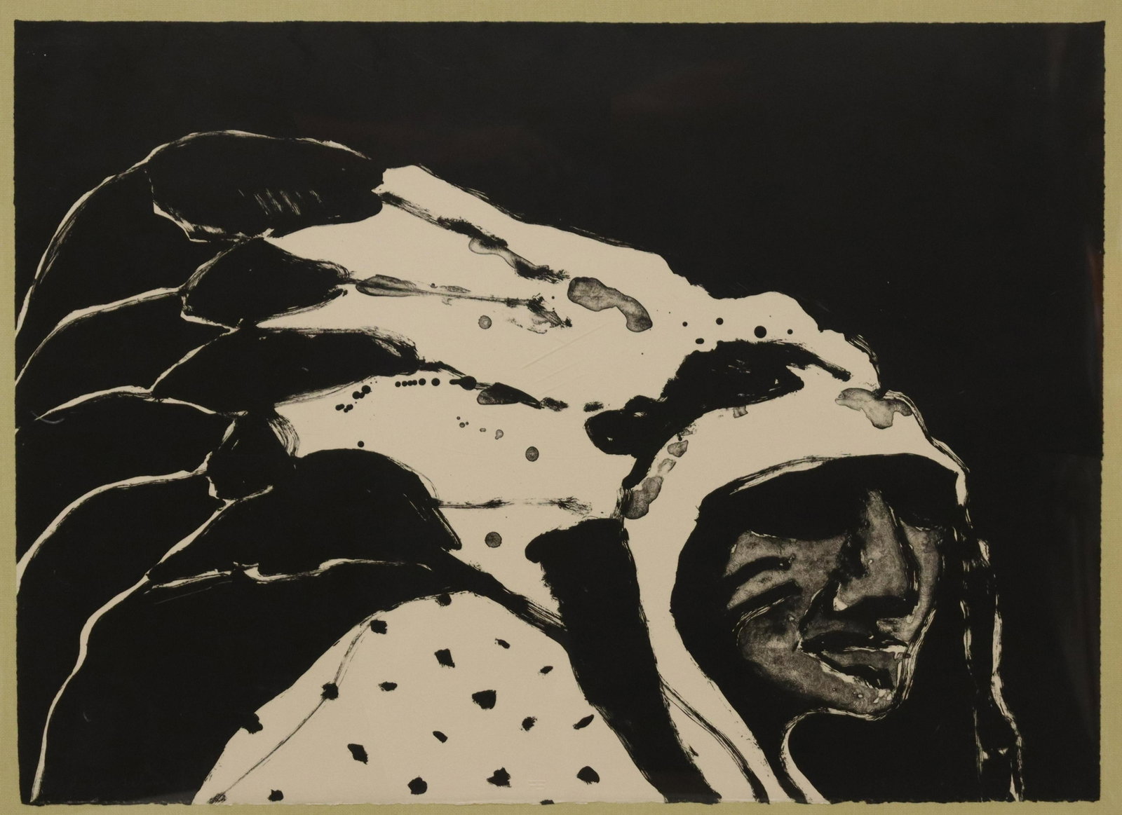 FRITZ SCHOLDER (D.2005) 'FILM INDIAN' LITHOGRAPH: Framed lithograph on paper, "Film Indian," signed lower left Scholder (Fritz Scholder, American, 1937-2005), numbered 118/160, embossed FS at center, sight: approx 21"h, 29"w, overall: approx 27.25"h,