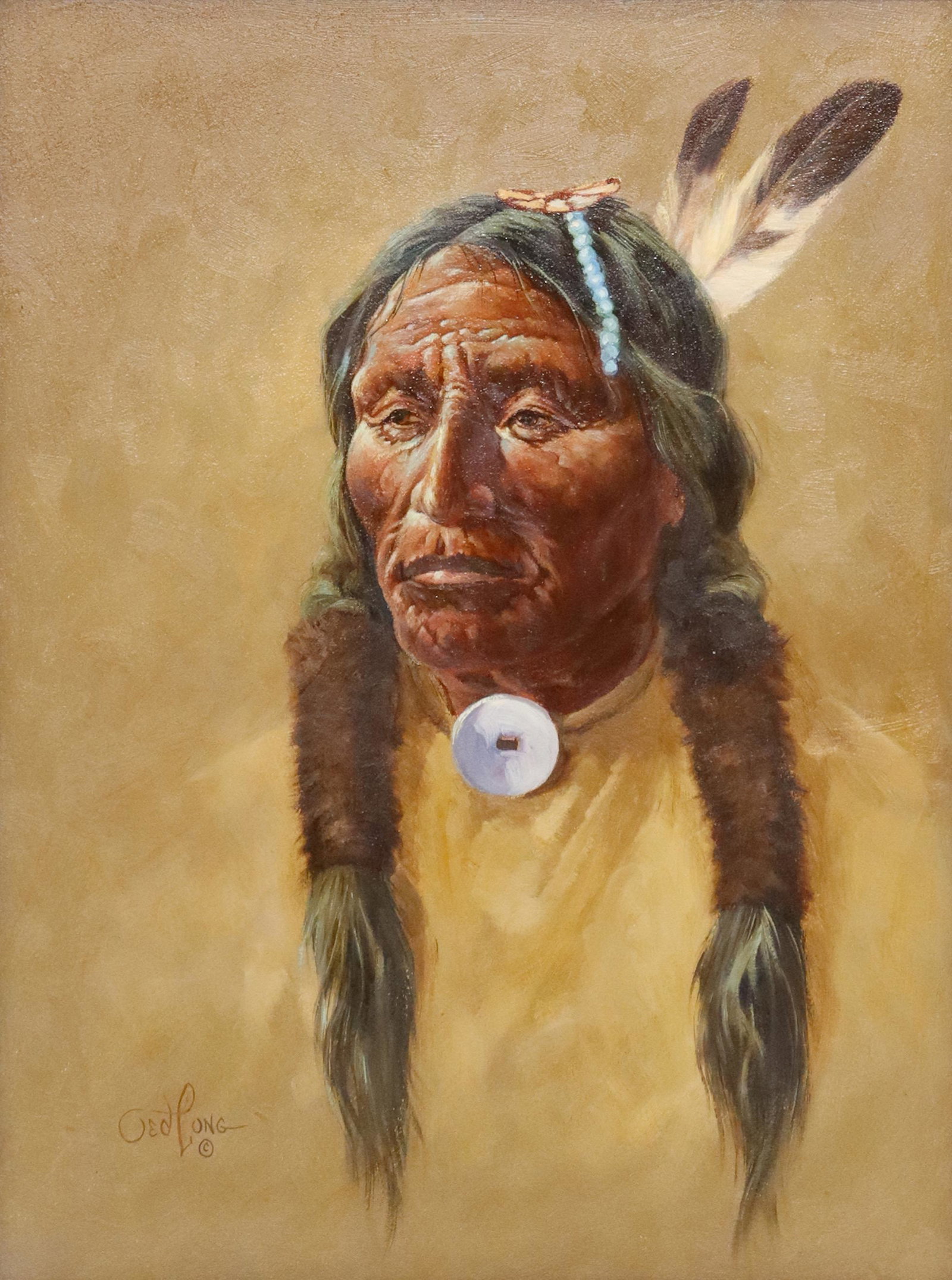 TED LONG (1932-2007) NATIVE AMERICAN PORTRAIT: Framed oil on board painting, "Kill Bear," signed lower left Ted Long (American, 1932-2007), sight: approx 15.5"h, 11.5"w, overall: 18 3/8"h, 14 3/8"w, 2.75lbs **Provenance: A prominent Dallas, Texas 