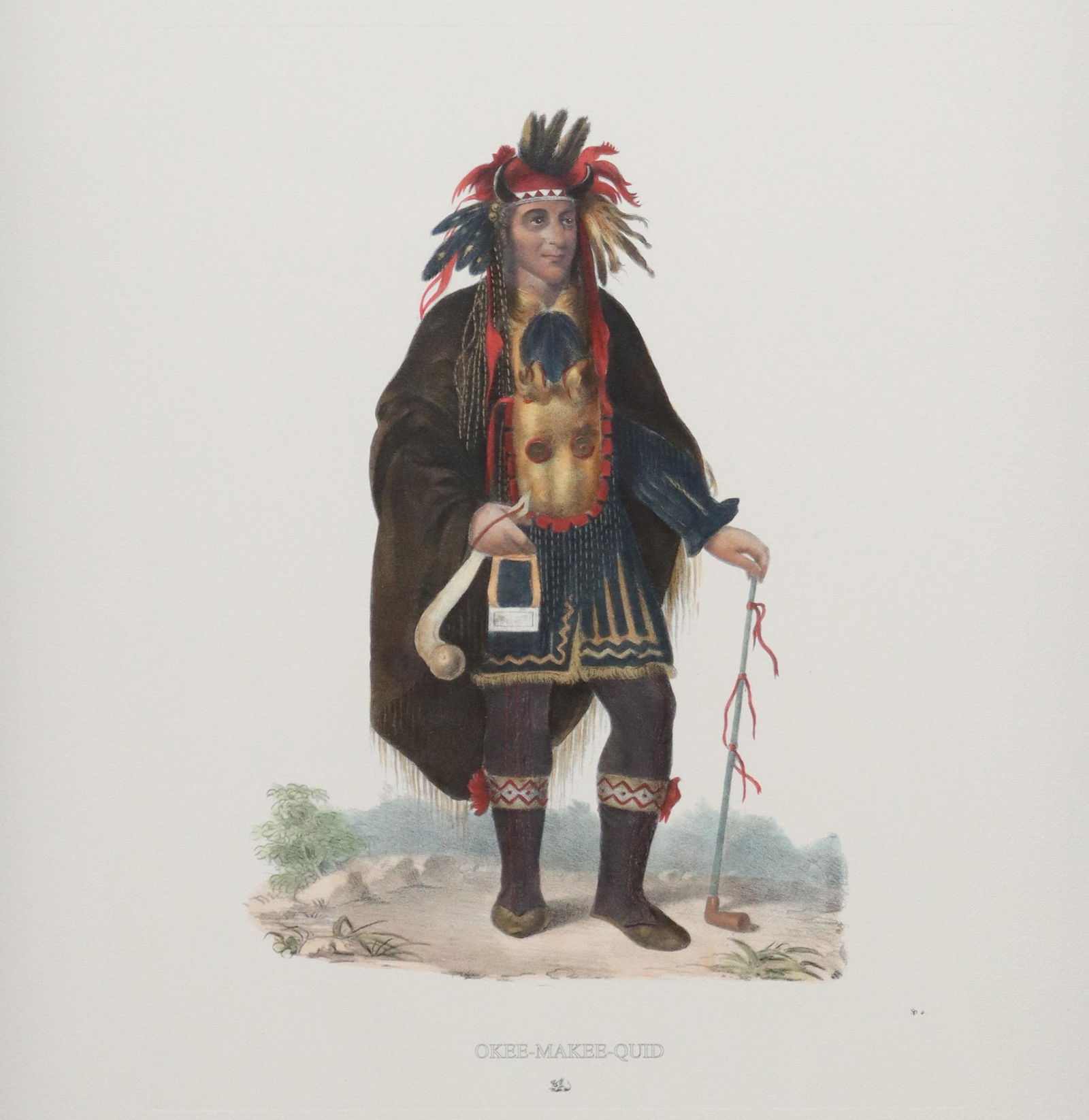 AFTER CHARLES BIRD KING NATIVE AMERICAN PRINT: Framed hand-colored print on paper, "OKEE-MAKEE-QUID," after the original from Charles Bird King, for "A History of the Indian Tribes of North America," by Thomas McKenney and James Hall, published 18