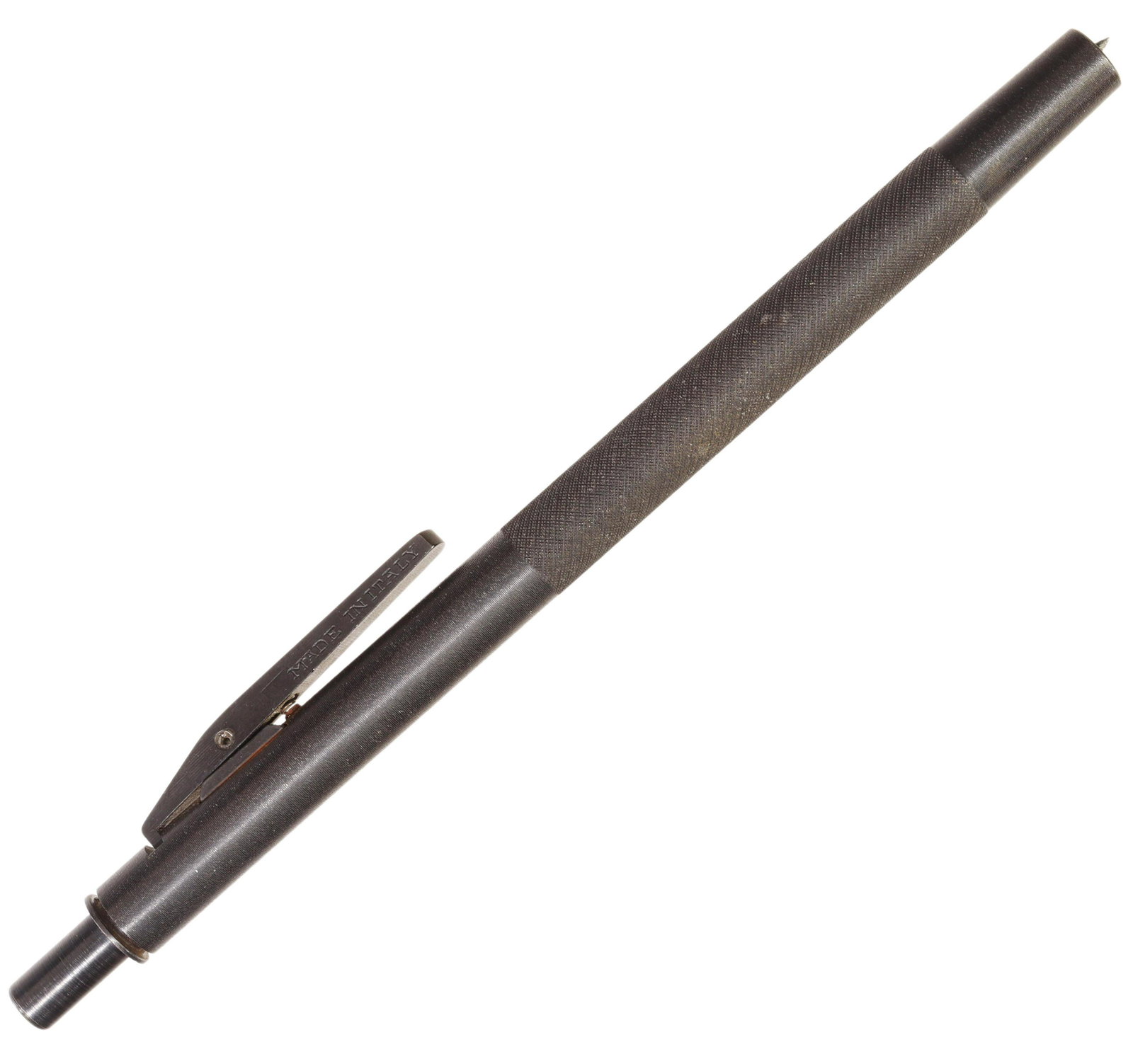 ITALIAN AUTOMATIC KNIFE APPEARING AS A WRITING PEN: Italian push "button" automatic knife appearing as a fountain pen, the pointed cylindrical 4.5" "blade", is spring activated by depressing the pocket clip causing the "blade" to fully extended and loc