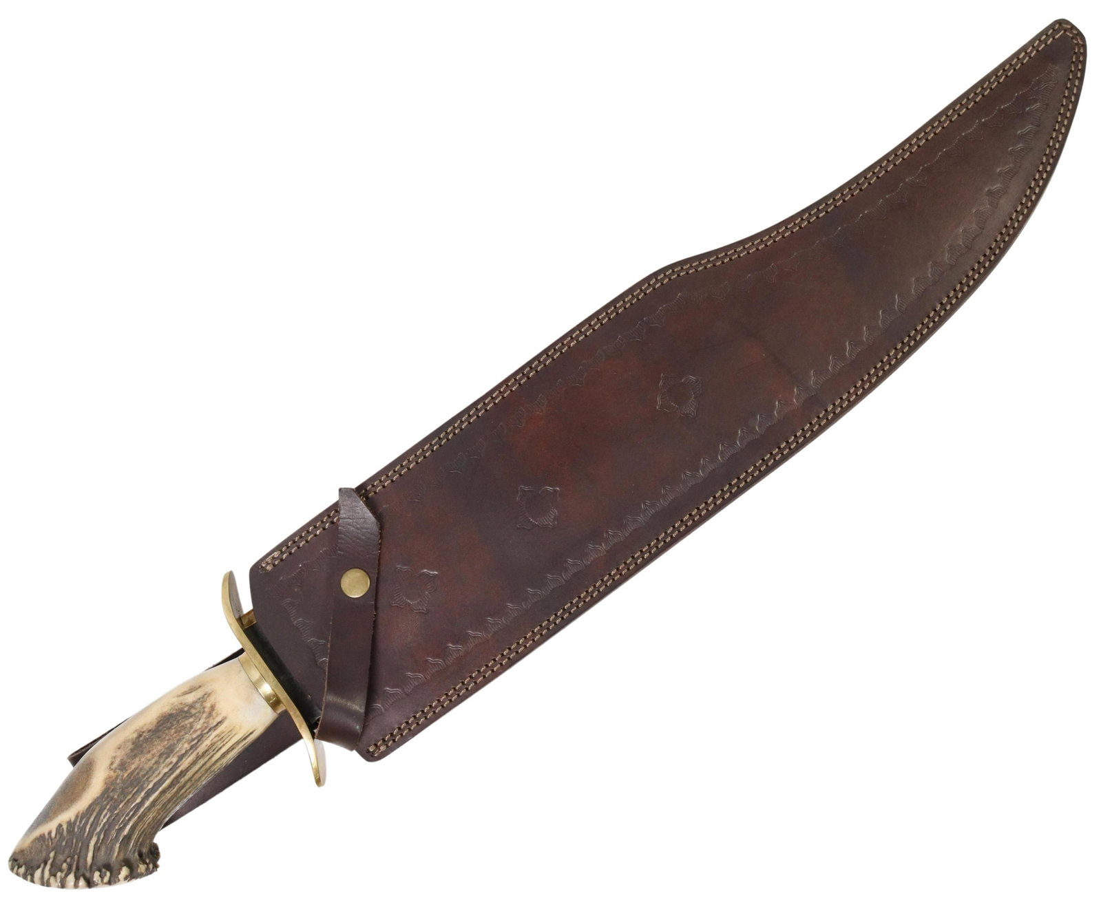 LARGE BOWIE KNIFE, ELK HORN HANDLE, 25"L: Large Bowie knife, 20th/21st c., having an unmarked 19.5" clip point hand forged blade, brass S form guard, large elk antler handle, housed in leather sheath, overall: 25.5"l, 3.75lbs **Provenance: A 