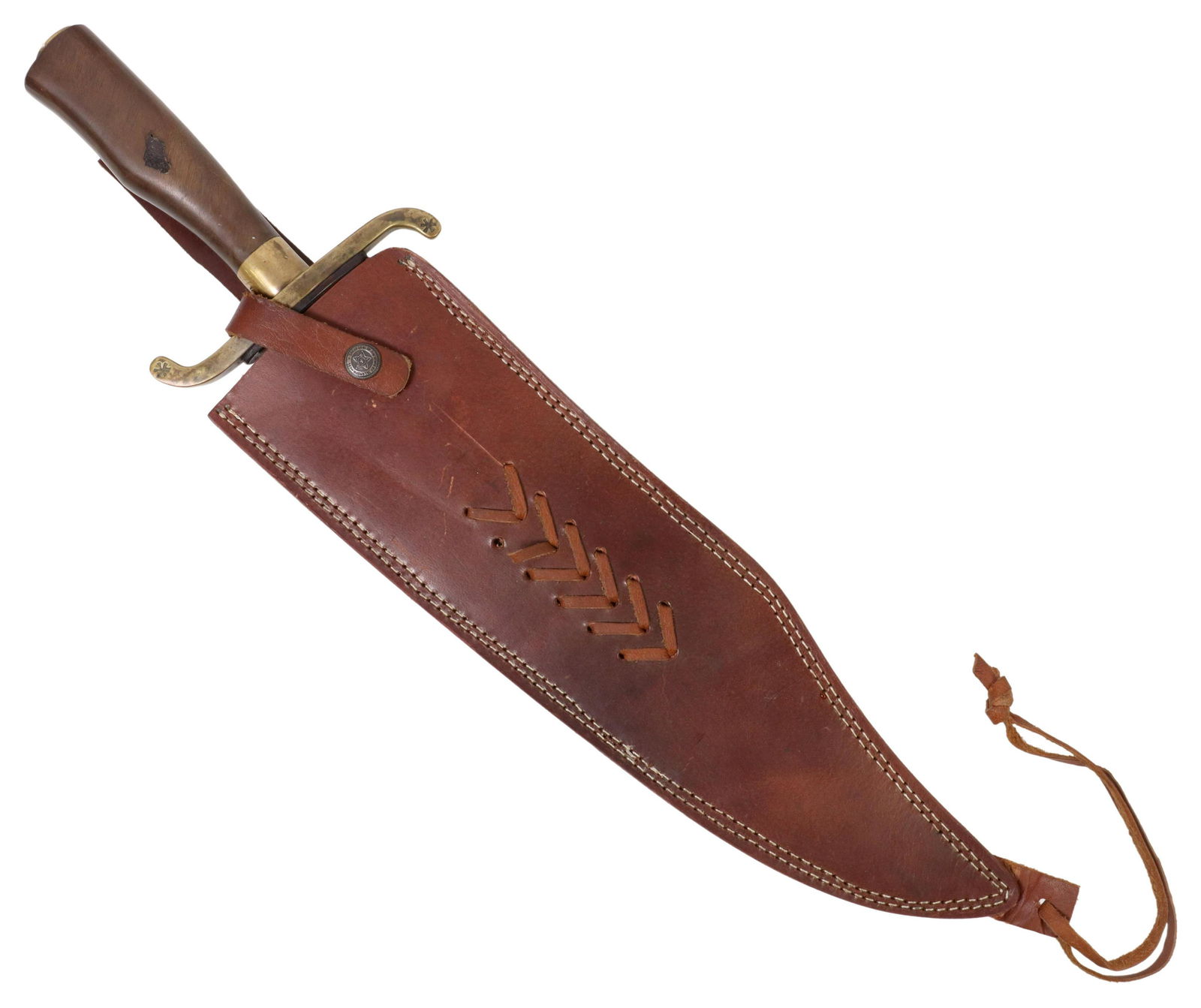 BOWIE KNIFE, 14" BLADE & LEATHER SHEATH: Bowie knife having clip point blade 14" blade serrated at the spine, the ricasso unmarked, brass "S" form guard with six point stars at each end and one end marked "JB", walnut handle with brass bolst