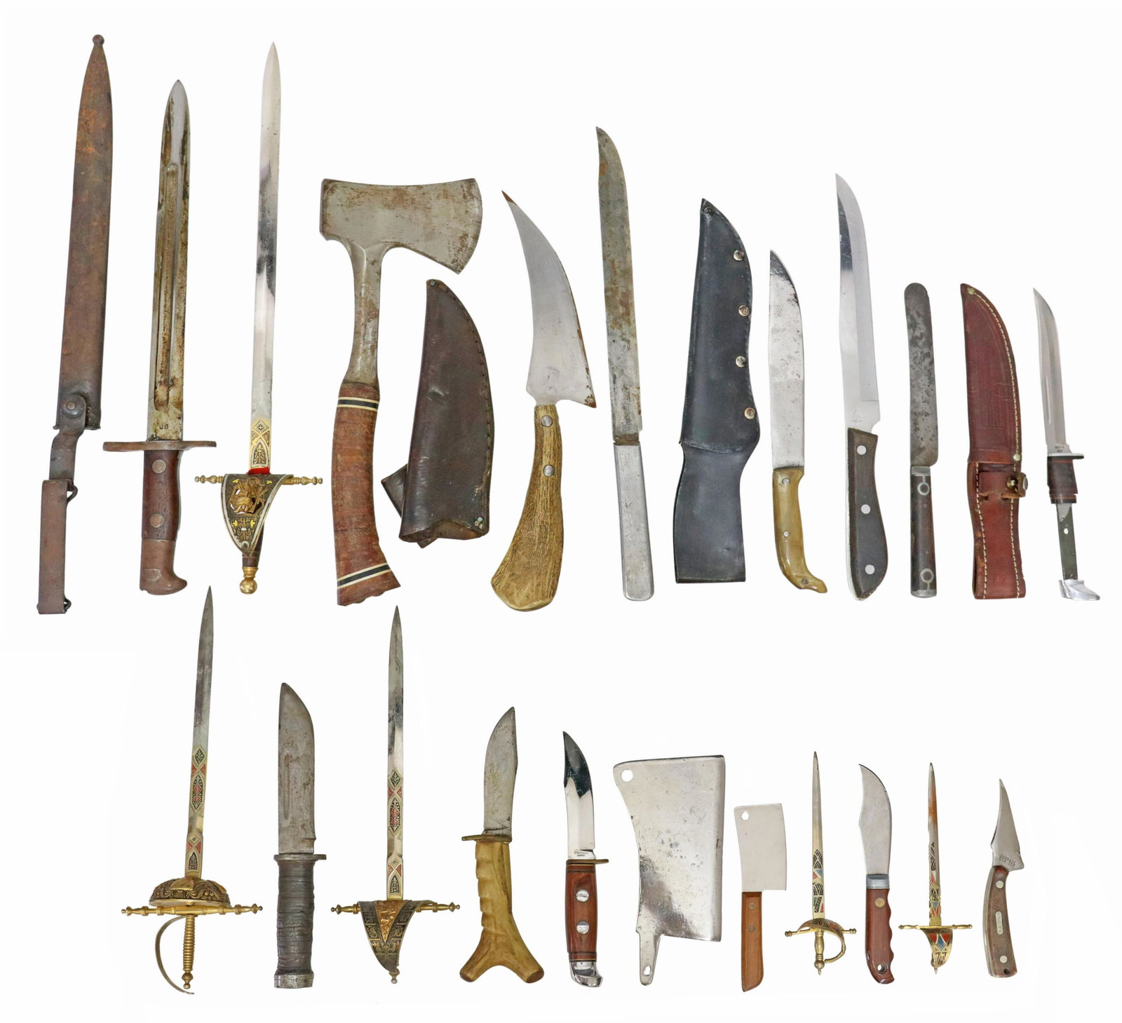 (20) BAYONET & FIXED BLADE KNIVES: (lot of 20) Bayonet and fixed blade knives: (1) Model 1892. Krag-Jorgensen bayonet, the 11.5/8"l blade marked at the ricasso "U.S.", at the opposite ricasso "1899", the blade with cosmoline, bayonet o