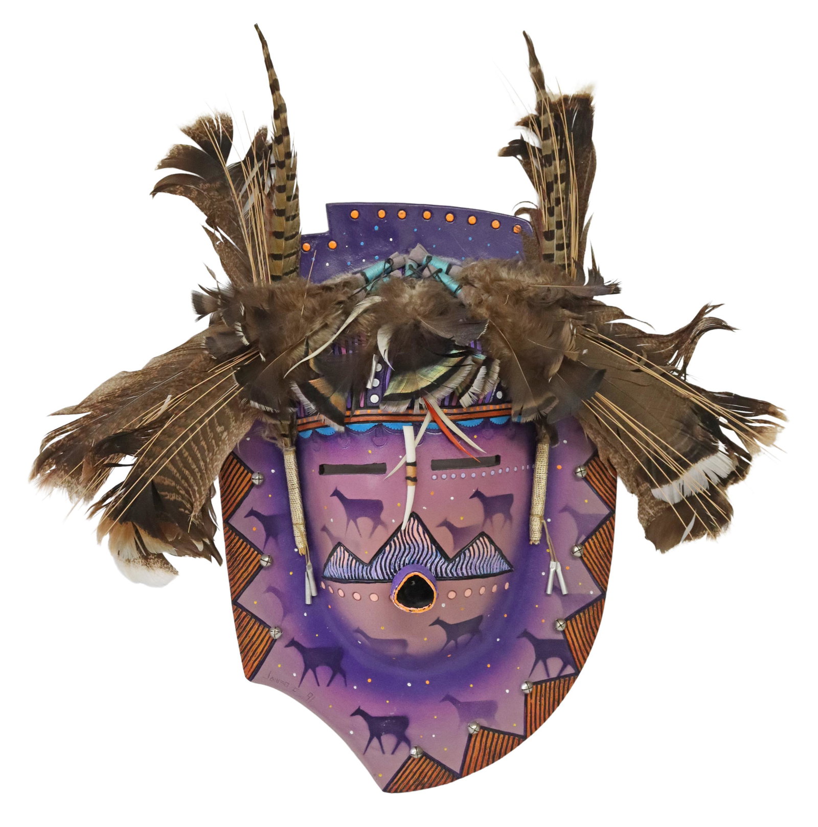 PETER R. JAMES NAVAJO FOLK ART MASK 'DEER SPIRITS': Native American mixed media folk art mask, "Deer Spirits," signed verso Peter James (Peter Ray James, Navajo, New Mexico, 20th c.), dated 1992, titled verso, approx 23"h, 20"w, 4"d, 1.5lbs Start Price