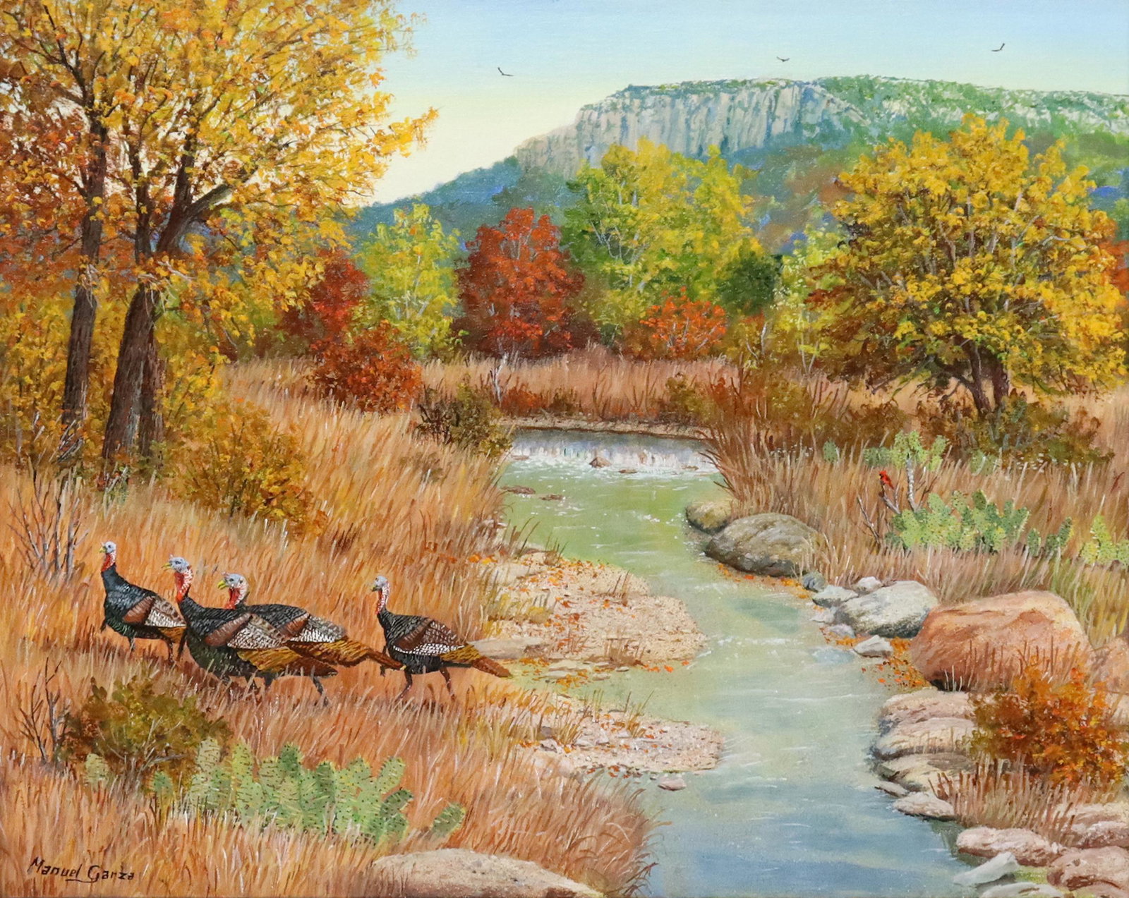 MANUEL GARZA (TX B.1940) AUTUMN SCENE WILD TURKEYS: Framed oil on canvas painting, "Autumn Scene - Wild Turkeys," signed lower left Manuel Garza (Texas, b.1940), sight: approx 15.5"h, 19.5"w, overall: approx 27.5"h, 31.5"w, 16.5lbs Start Price: $800.00