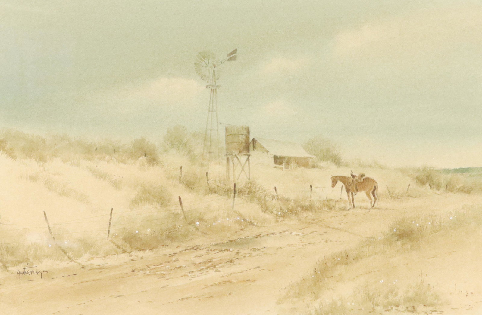 RAUL GUTIERREZ (B1935) WESTERN LANDSCAPE PAINTING: Framed watercolor and gouache painting on paper, Western Landscape, signed lower left Gutierrez (Raul Gutierrez, Texas, b.1935), sight: approx 12"h, 19"w, overall: approx 20"h, 26"w, 6lbs Start Price:
