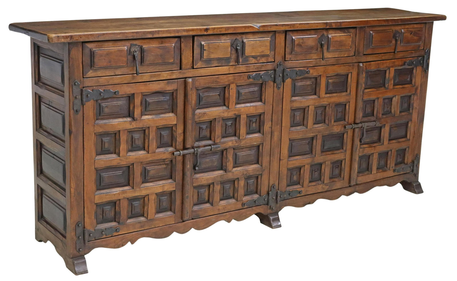 SPANISH BAROQUE STYLE PINE PANELED SIDEBOARD: Spanish Baroque style pine sideboard, late 19th/ early 20th c., coffered case, fitted with four drawers, over four cabinets, iron sliding locks and hardware, rising on bridge feet, approx 32.75"h, 75"