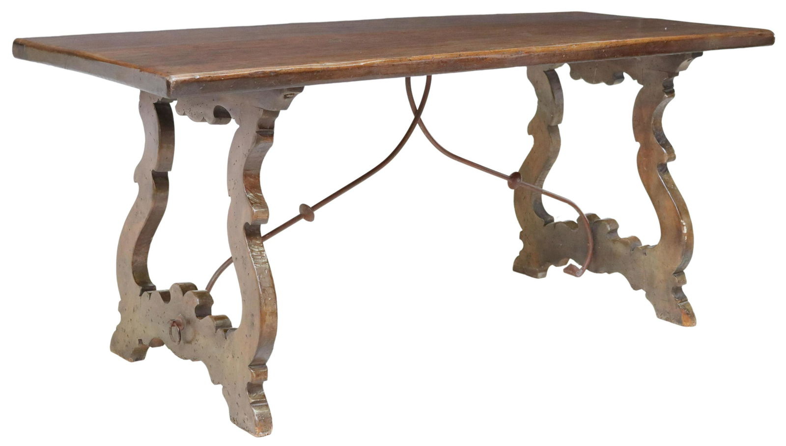 SPANISH BAROQUE STYLE WALNUT DINING TABLE: Spanish Baroque style walnut dining table, early 20th c., having rectangular top, over ox yoke supports, joined by iron cross stretcher, approx 30.5"h, 70.5"w, 28.5"d, floor to apron: approx 29"h Star