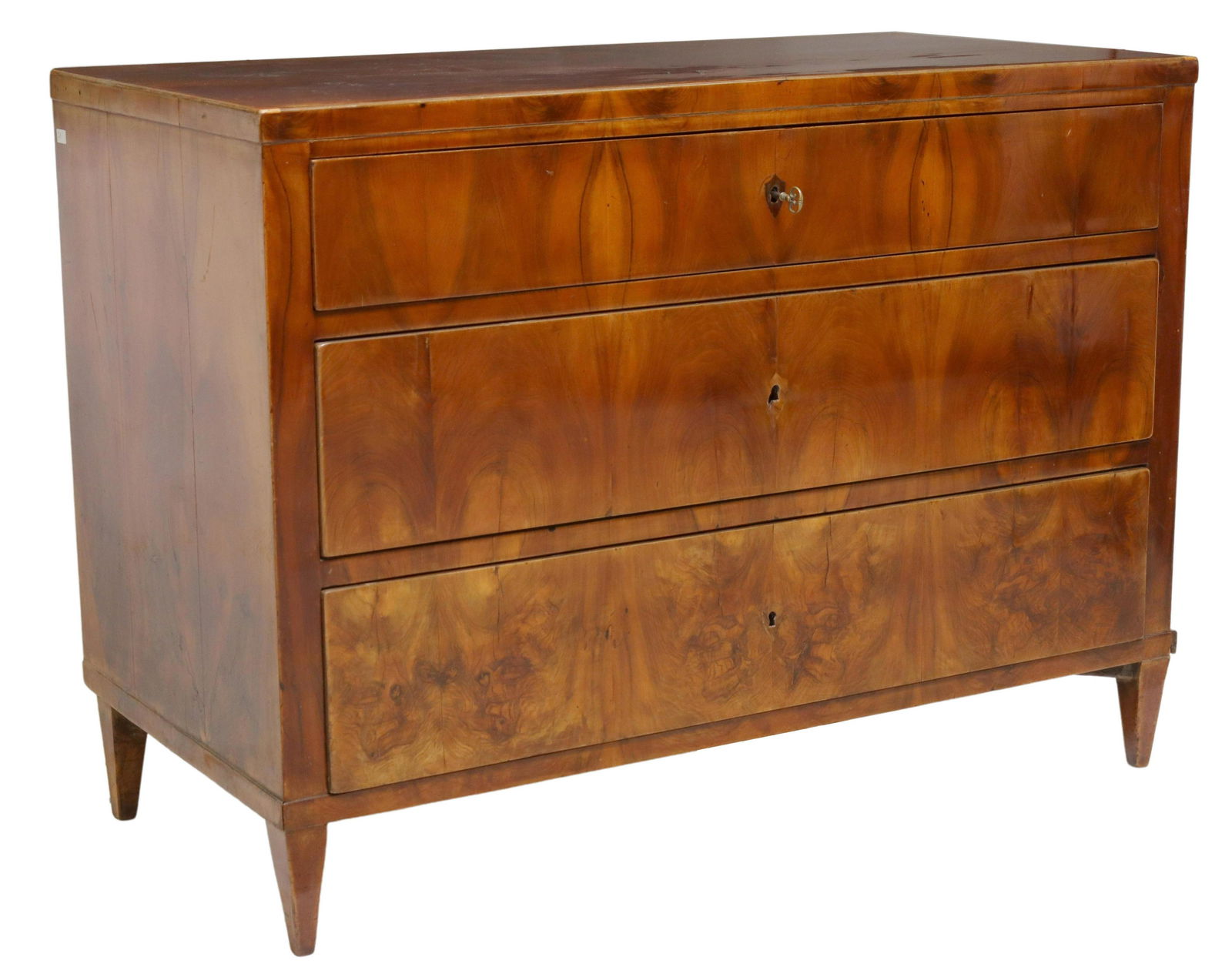 BIEDERMEIER WALNUT SECRETAIRE COMMODE: Biedermeier walnut secretaire a abattant, 19th c., top drawer with fall-front panel, opening to fitted interior gallery, inset leather writing surface, two exterior drawers below, rising on tapering s