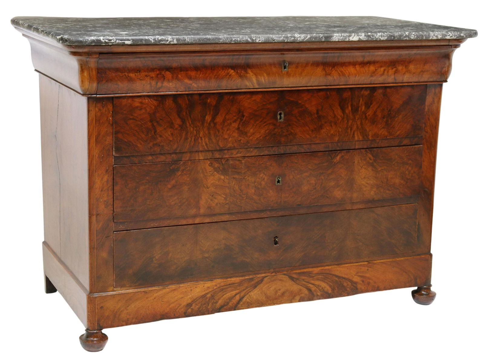 FRENCH LOUIS PHILIPPE MARBLE-TOP WALNUT COMMODE: French Louis Philippe period marble-top walnut commode, mid 19th c., ogee frieze drawer, over three additional drawers, rising on turned feet, separation at left side panel, approx 35"h, 51.25"w, 25"d