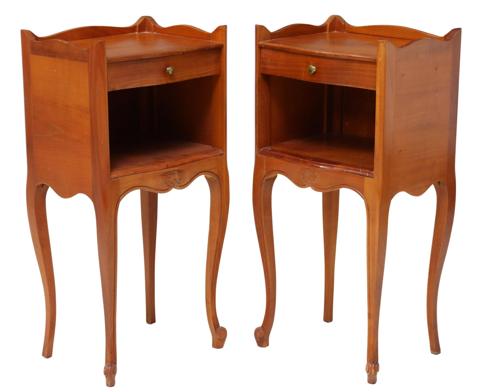 (2) LOUIS XV STYLE FRUITWOOD NIGHTSTANDS: (pair) Louis XV style fruitwood nightstands, late 20th c., single drawer, over open niche, rising on cabriole legs, ending in front whorl feet, approx 27.75"h, 13.5"w, 10.5"d Start Price: $150.00