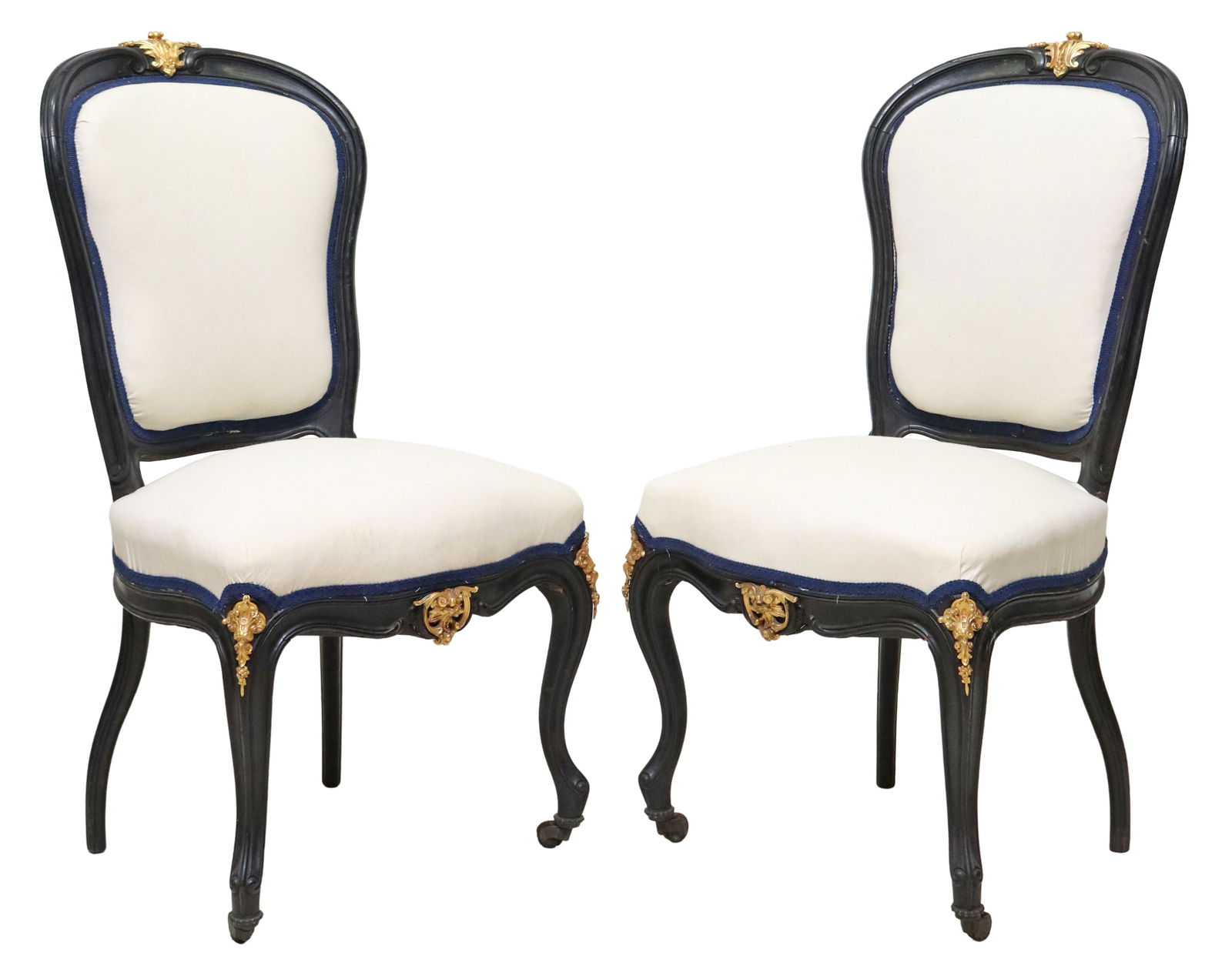 (2) LOUIS XV STYLE PAINTED UPHOLSTERED SIDE CHAIRS: (pair) Louis XV style painted wood side chairs, late 19th c., having molded frame with foliate gilt metal mounts, padded back and seat in later white fabric upholstery, ribbon trim, rising on cabriole