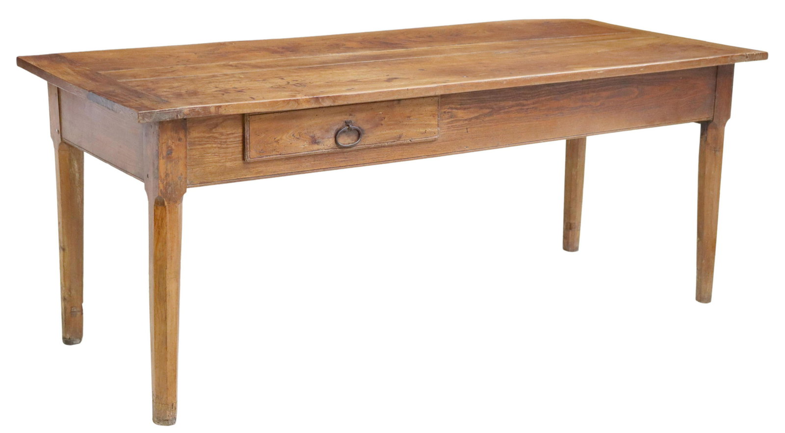 FRENCH PROVINCIAL FARMHOUSE WORK TABLE: French Provincial farmhouse work table, early 20th c., tabletop comprised of three boards, with breadboard ends, over two drawers, rising on tapering legs, patched repair to top, approx 29"h, 73"l, 29