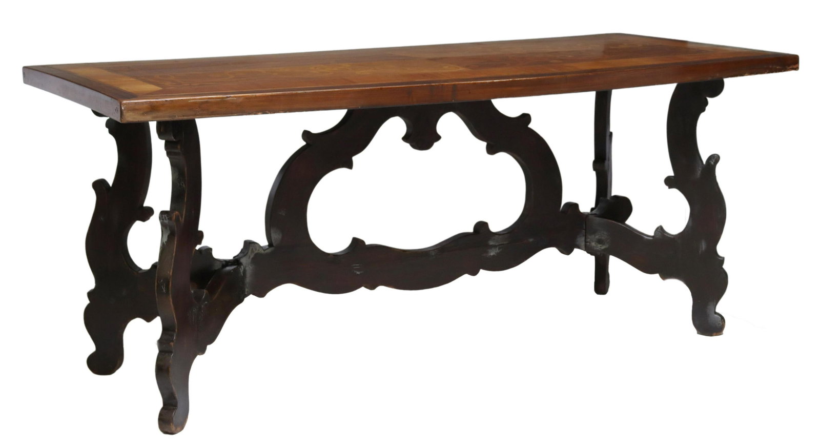 SPANISH BAROQUE STYLE MARQUETRY TABLE: Spanish Baroque style marquetry table, 19th c., having rectangular top, inlaid with scrolling foliate marquetry, rising on large carved stretcher joined legs, base with extensive glue restorations and
