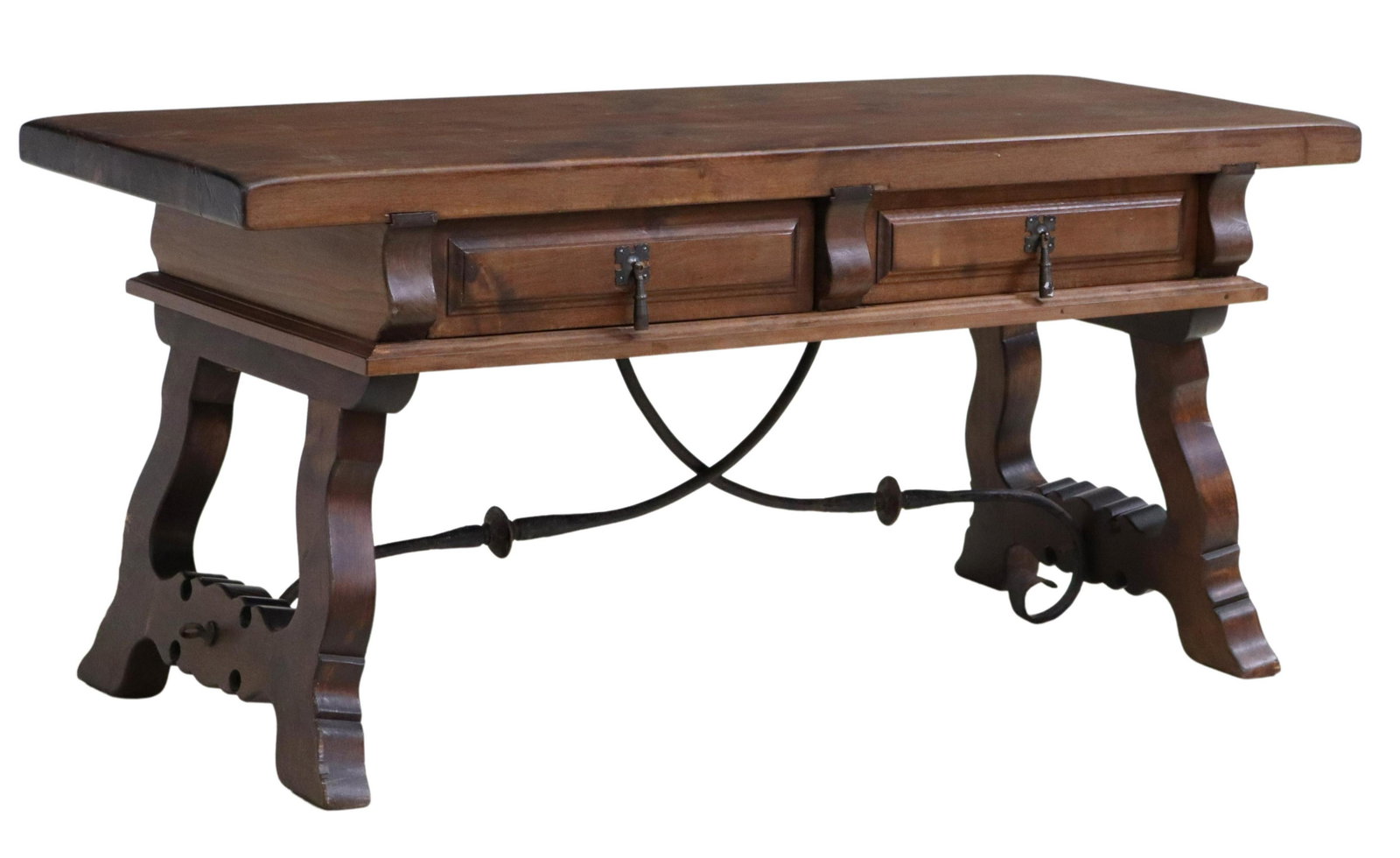 SPANISH BAROQUE STYLE WALNUT COFFEE TABLE: Spanish Baroque style walnut coffee table, 20th c., two drawers, rising on shaped supports, joined by iron cross stretchers, approx 19.75"h, 43"w, 18"d Start Price: $150.00
