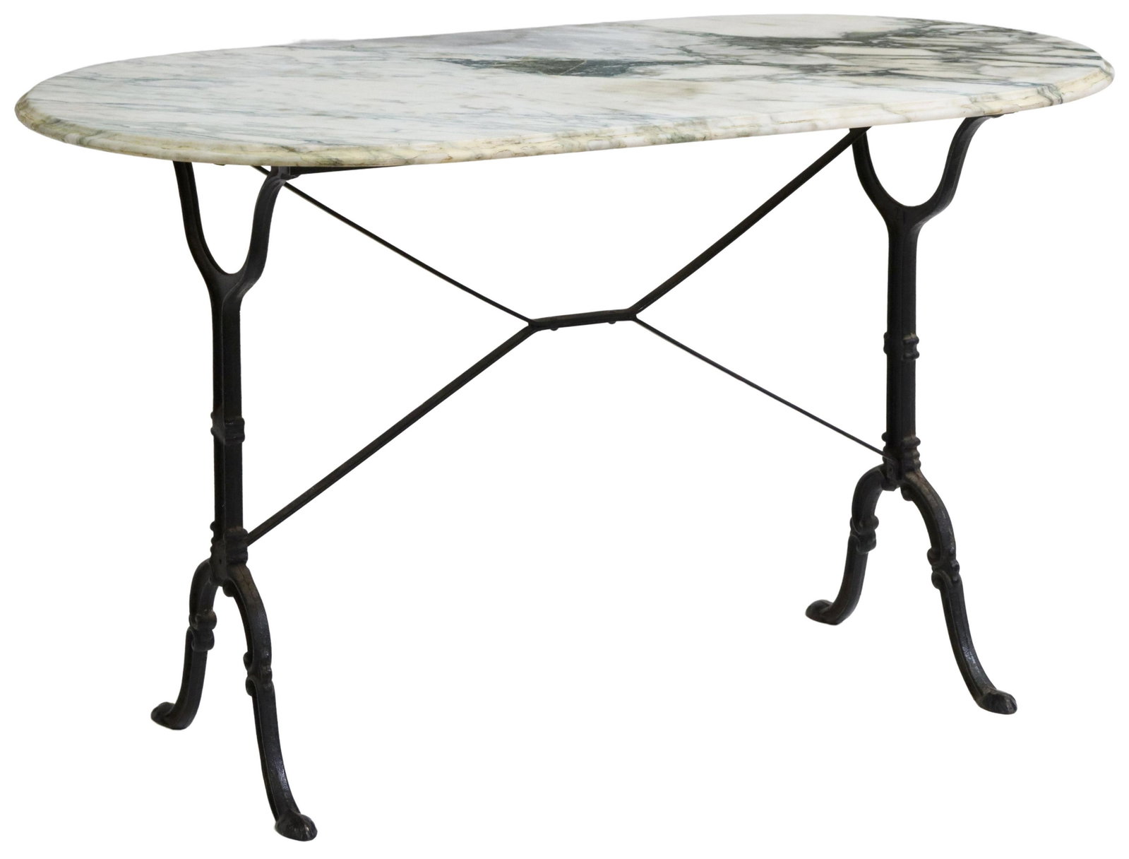 FRENCH MARBLE-TOP CAST IRON BISTRO TABLE: French marble-top cast iron bistro table, 20th c., having ovular marble top, on black painted iron base, approx 27.75"h, 47.25"w, 25.75"d Start Price: $150.00