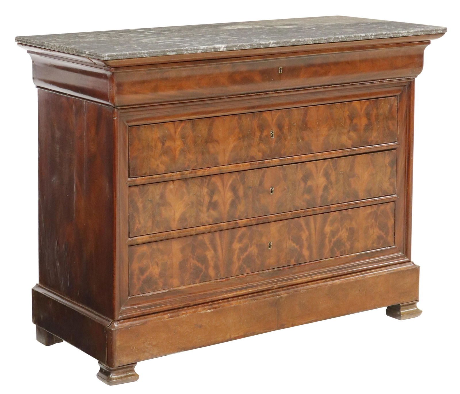 FRENCH LOUIS PHILIPPE MARBLE-TOP MAHOGANY COMMODE: French Louis Philippe period flame mahogany commode, mid 19th c., having marble top, frieze drawer, over four additional drawers, rising on bracket feet, approx 30"h, 50"w, 22"d Start Price: $400.00