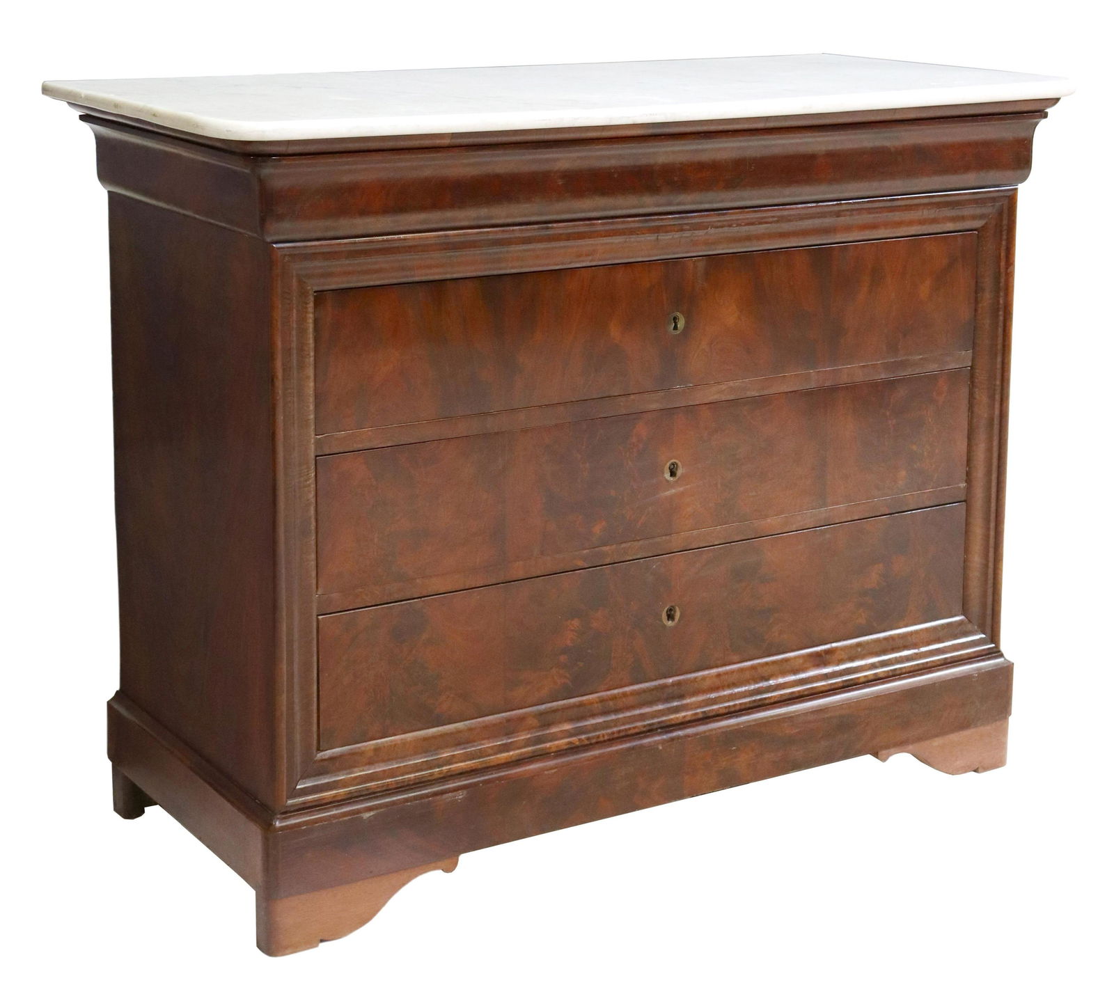 FRENCH LOUIS PHILIPPE MARBLE-TOP MAHOGANY COMMODE: French Louis Philippe period flame mahogany commode, mid 19th c., having marble top, frieze drawer, over three additional drawers, rising on bracket feet, approx 37"h, 47 7/8"w, 21 3/8"d Start Price: